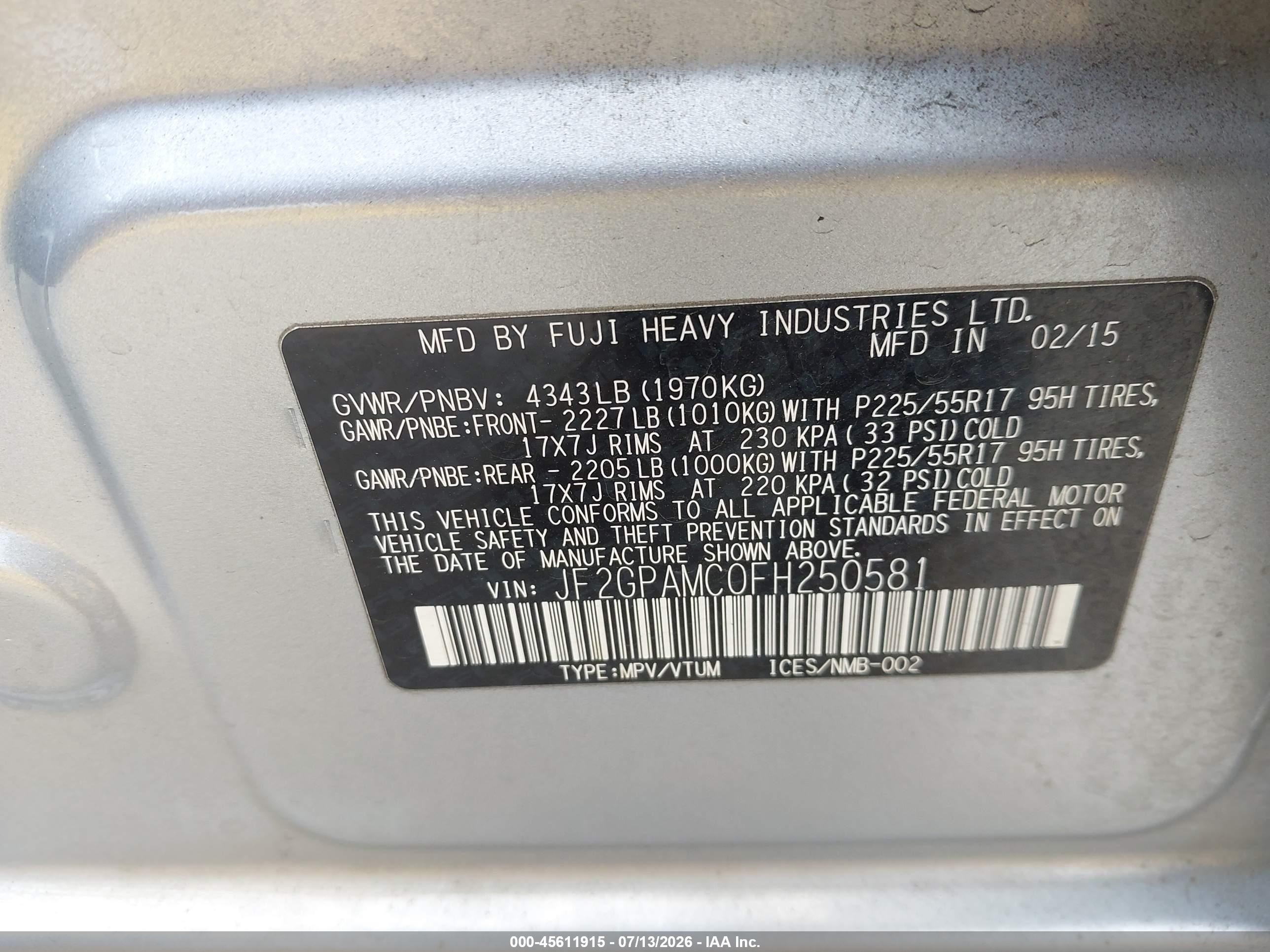 2015 Subaru Xv Crosstrek 2.0i Limited Gray vin: JF2GPAMC0FH250581