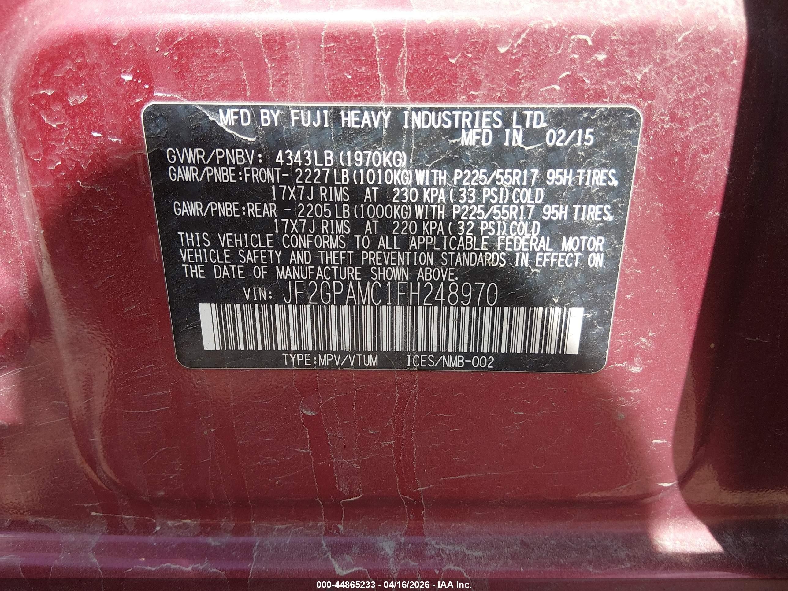 2015 Subaru Xv Crosstrek 2.0i Limited Maroon vin: JF2GPAMC1FH248970