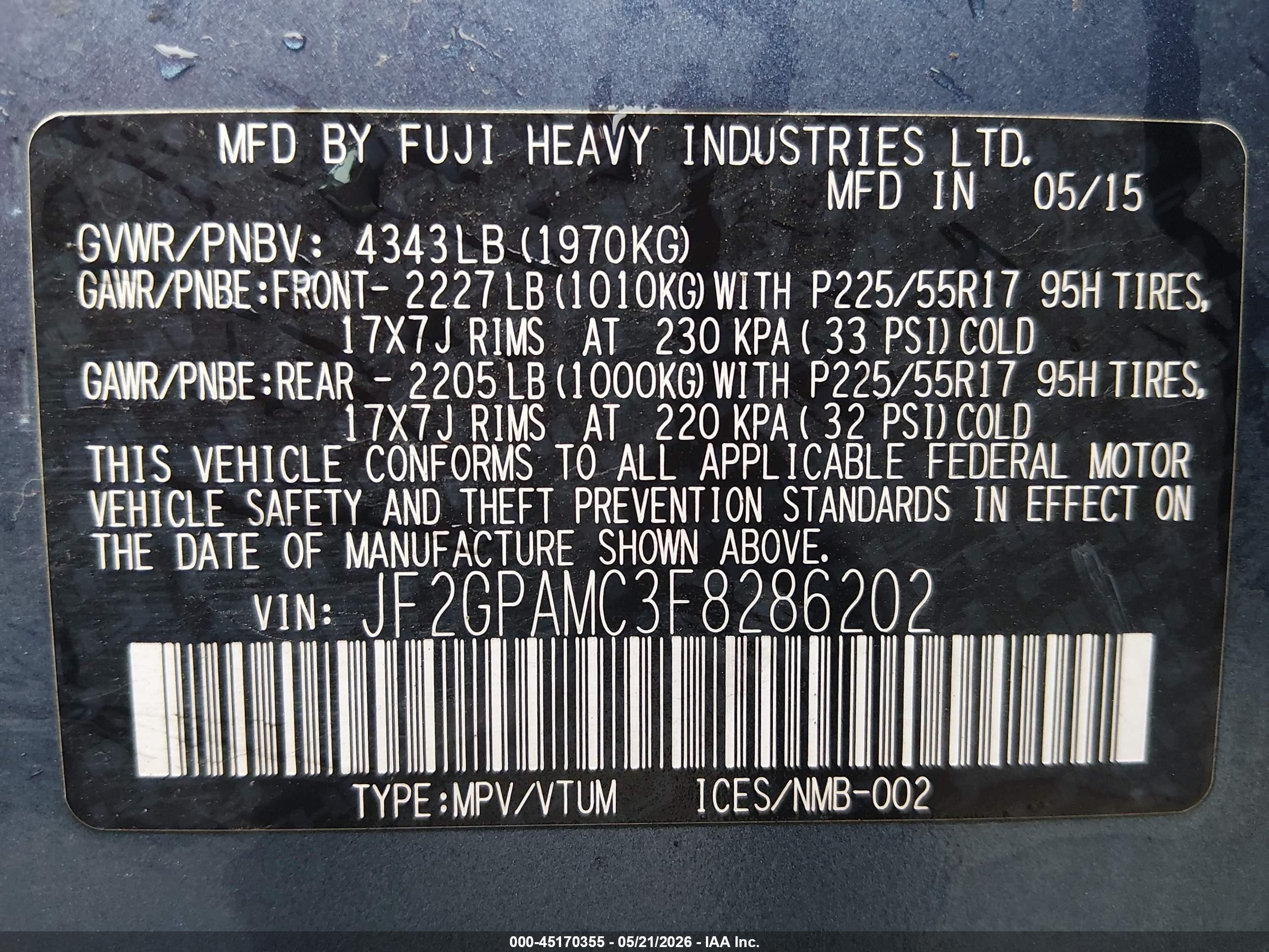 2015 Subaru Xv Crosstrek 2.0i Limited Blue vin: JF2GPAMC3F8286202