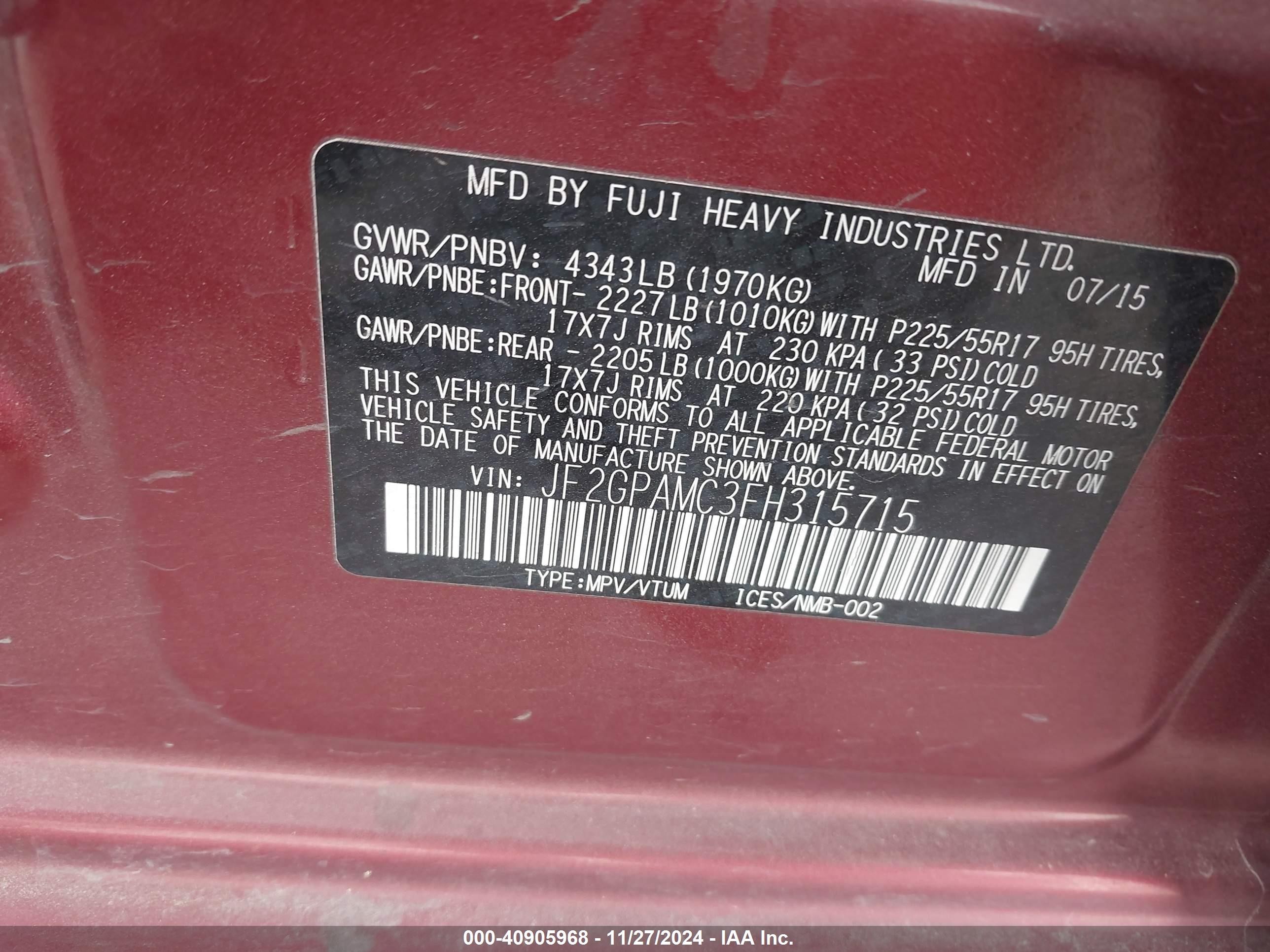 2015 Subaru Xv Crosstrek 2.0i Limited Burgundy vin: JF2GPAMC3FH315715