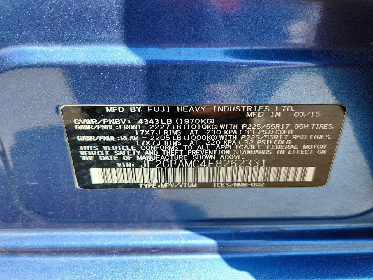 2015 Subaru Xv Crosstrek 2.0 Limited Blue vin: JF2GPAMC4F8262331