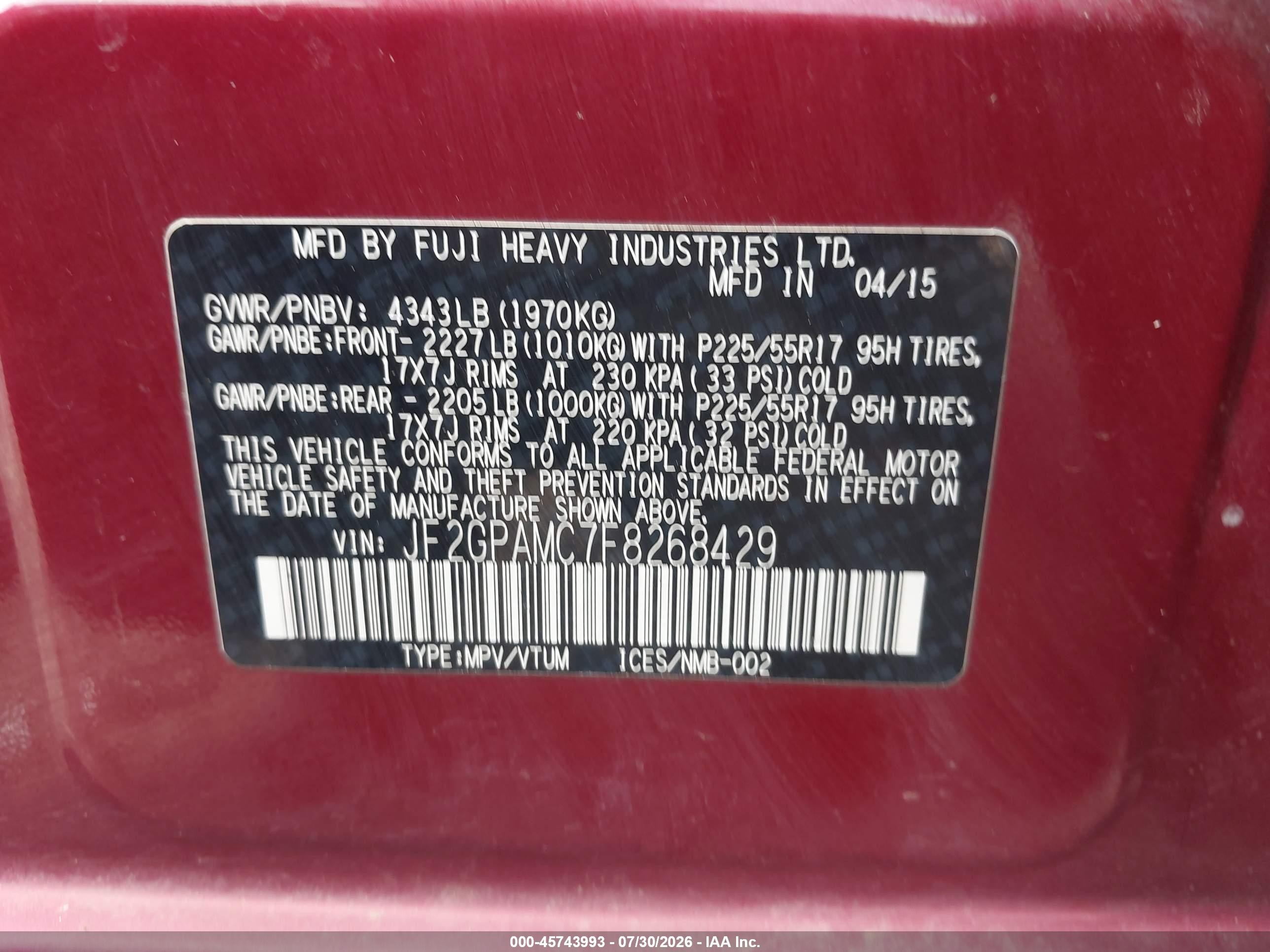 2015 Subaru Xv Crosstrek 2.0i Limited Red vin: JF2GPAMC7F8268429