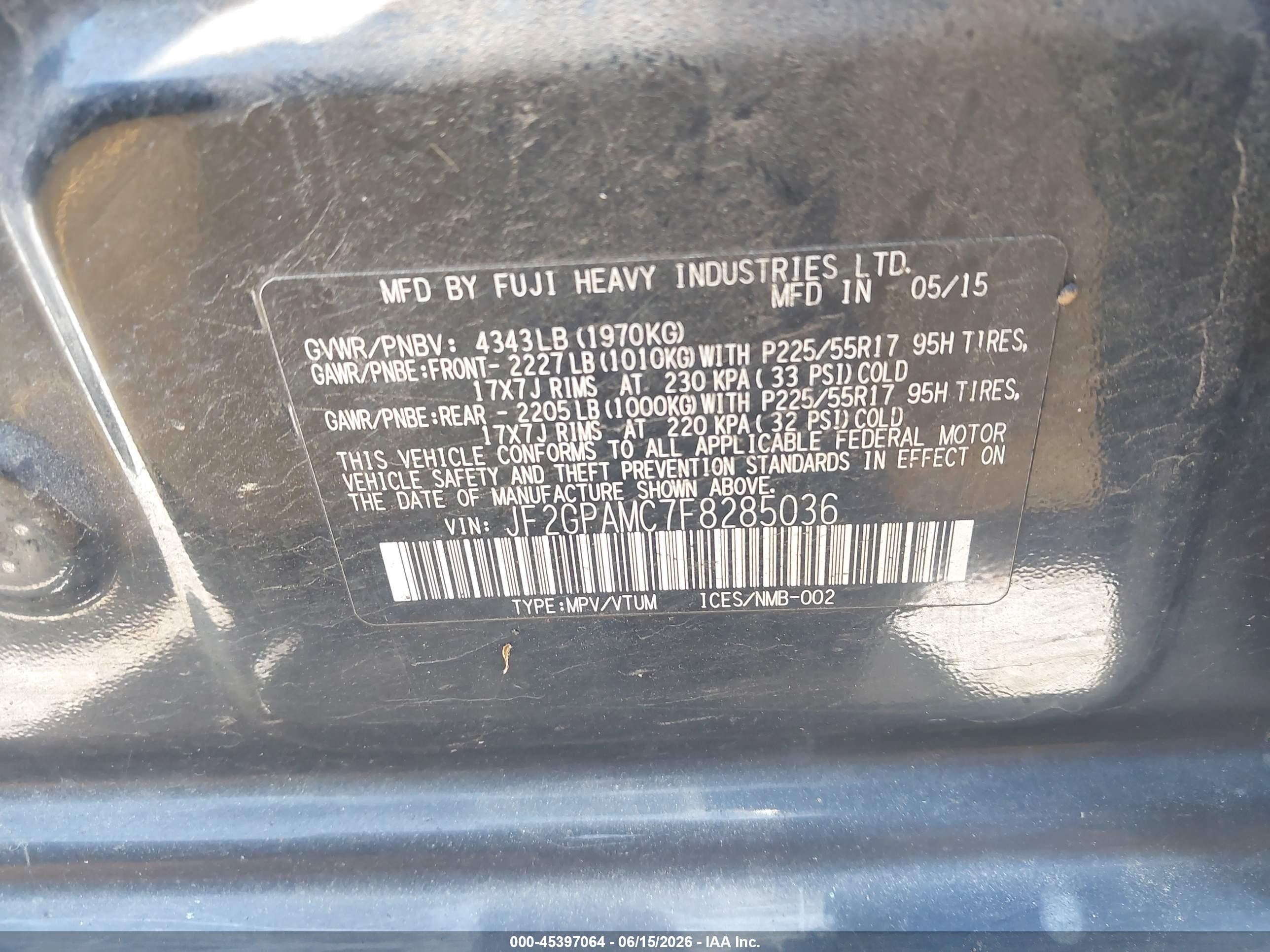 2015 Subaru Xv Crosstrek 2.0i Limited Black vin: JF2GPAMC7F8285036