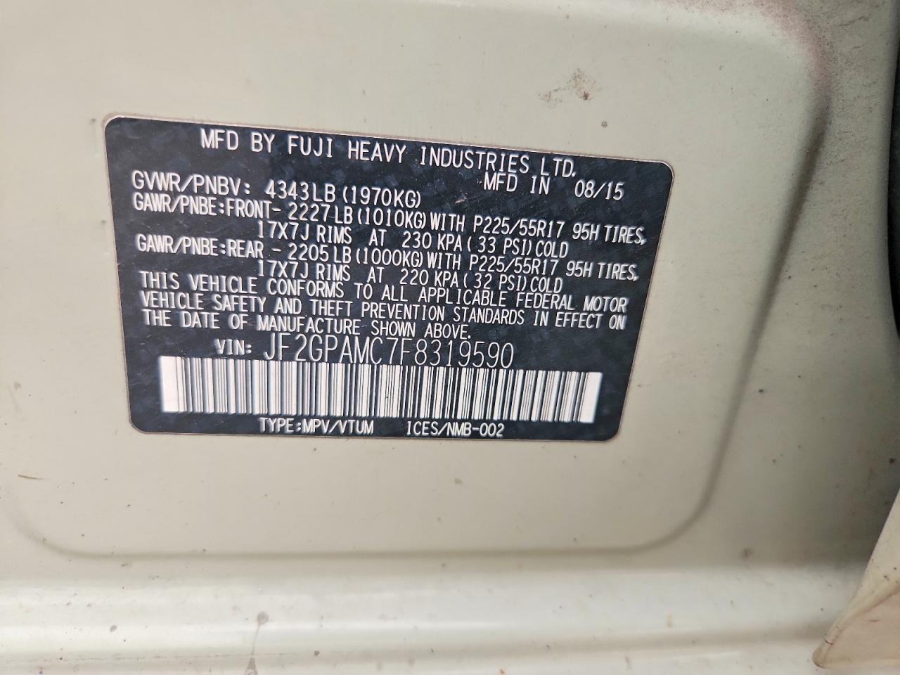 2015 Subaru Xv Crosstrek 2.0 Limited Beige vin: JF2GPAMC7F8319590