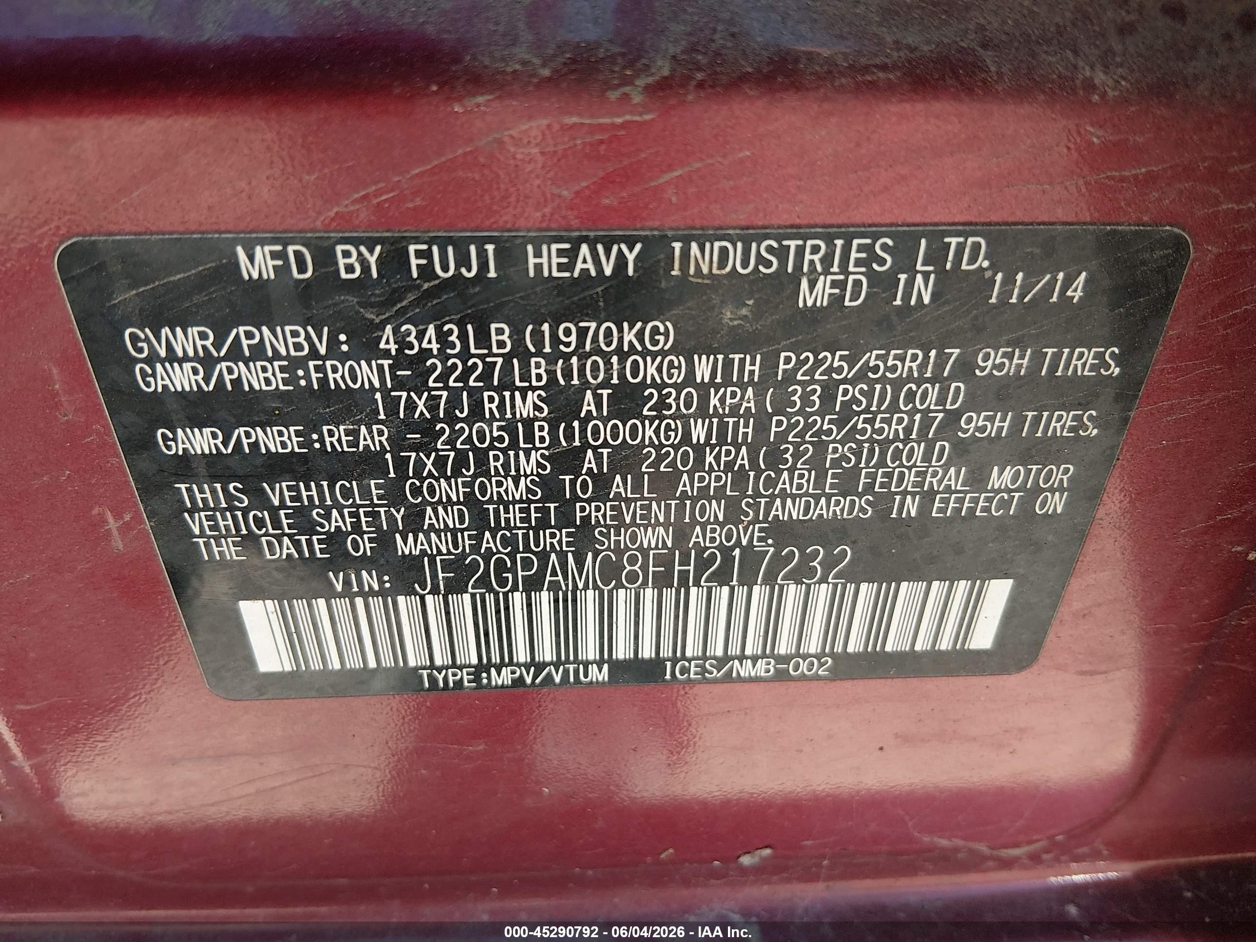 2015 Subaru Xv Crosstrek 2.0i Limited Maroon vin: JF2GPAMC8FH217232