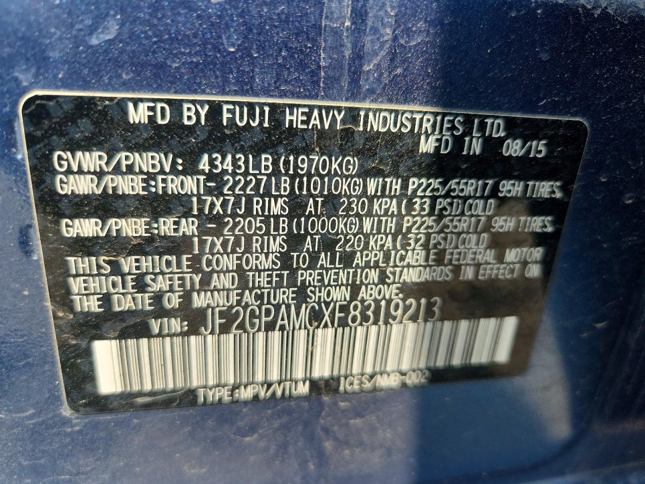 2015 Subaru Xv Crosstrek 2.0 Limited Blue vin: JF2GPAMCXF8319213