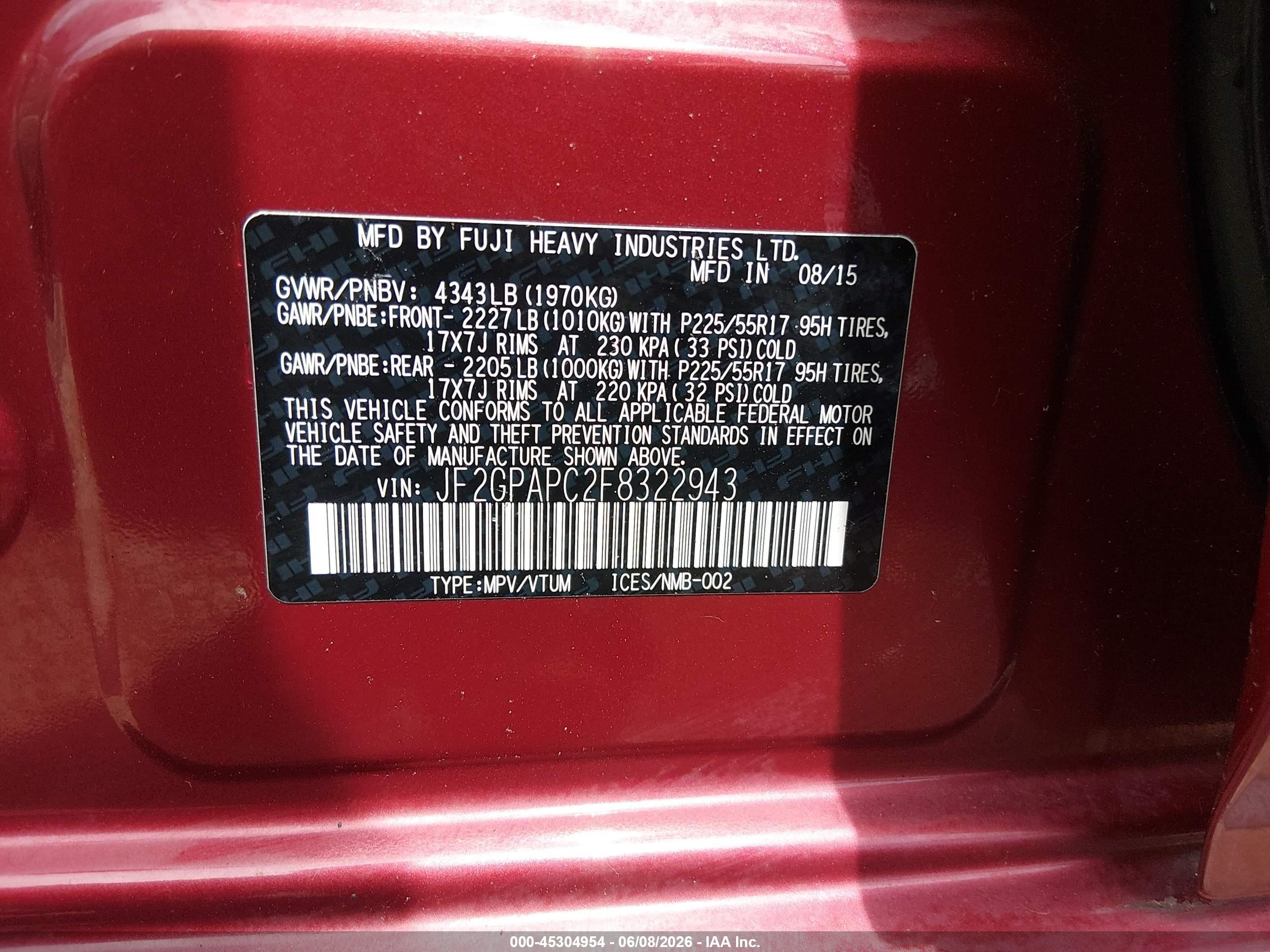 2015 Subaru Xv Crosstrek 2.0i Limited Red vin: JF2GPAPC2F8322943