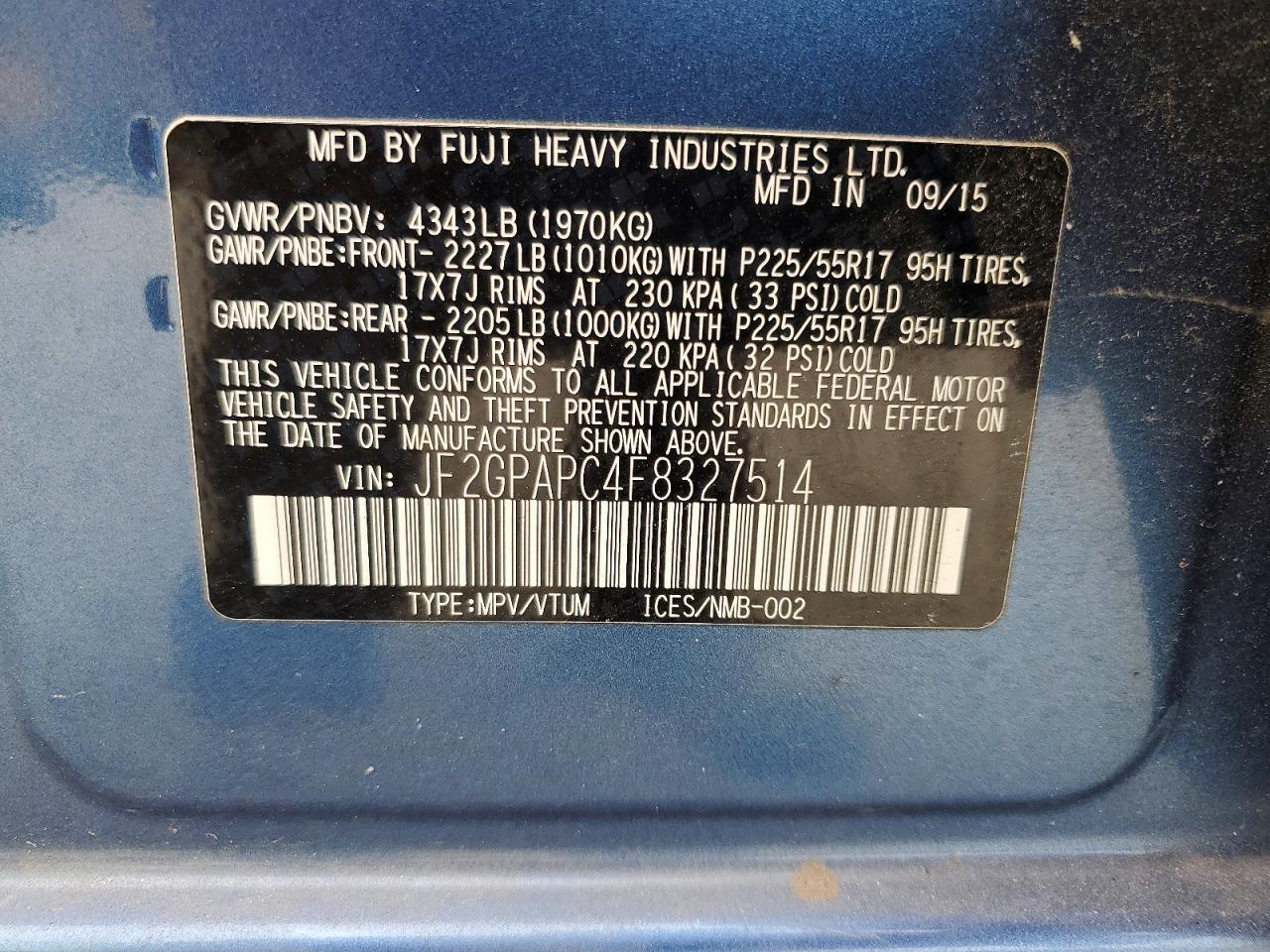 2015 Subaru Xv Crosstrek 2.0 Limited Blue vin: JF2GPAPC4F8327514