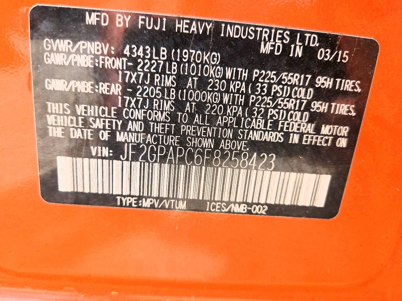 2015 Subaru Xv Crosstrek 2.0 Limited Orange vin: JF2GPAPC6F8258423