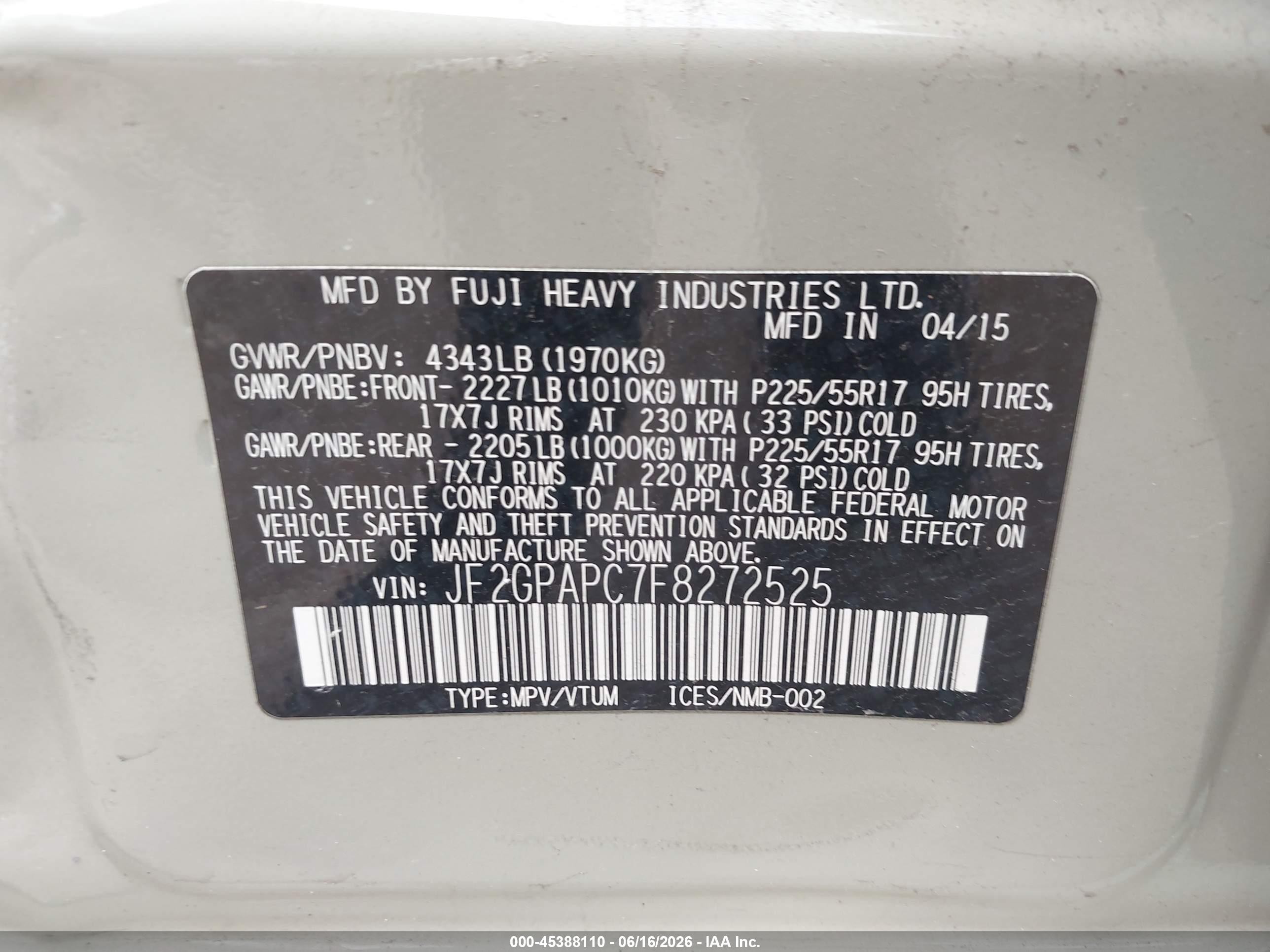2015 Subaru Xv Crosstrek 2.0i Limited vin: JF2GPAPC7F8272525