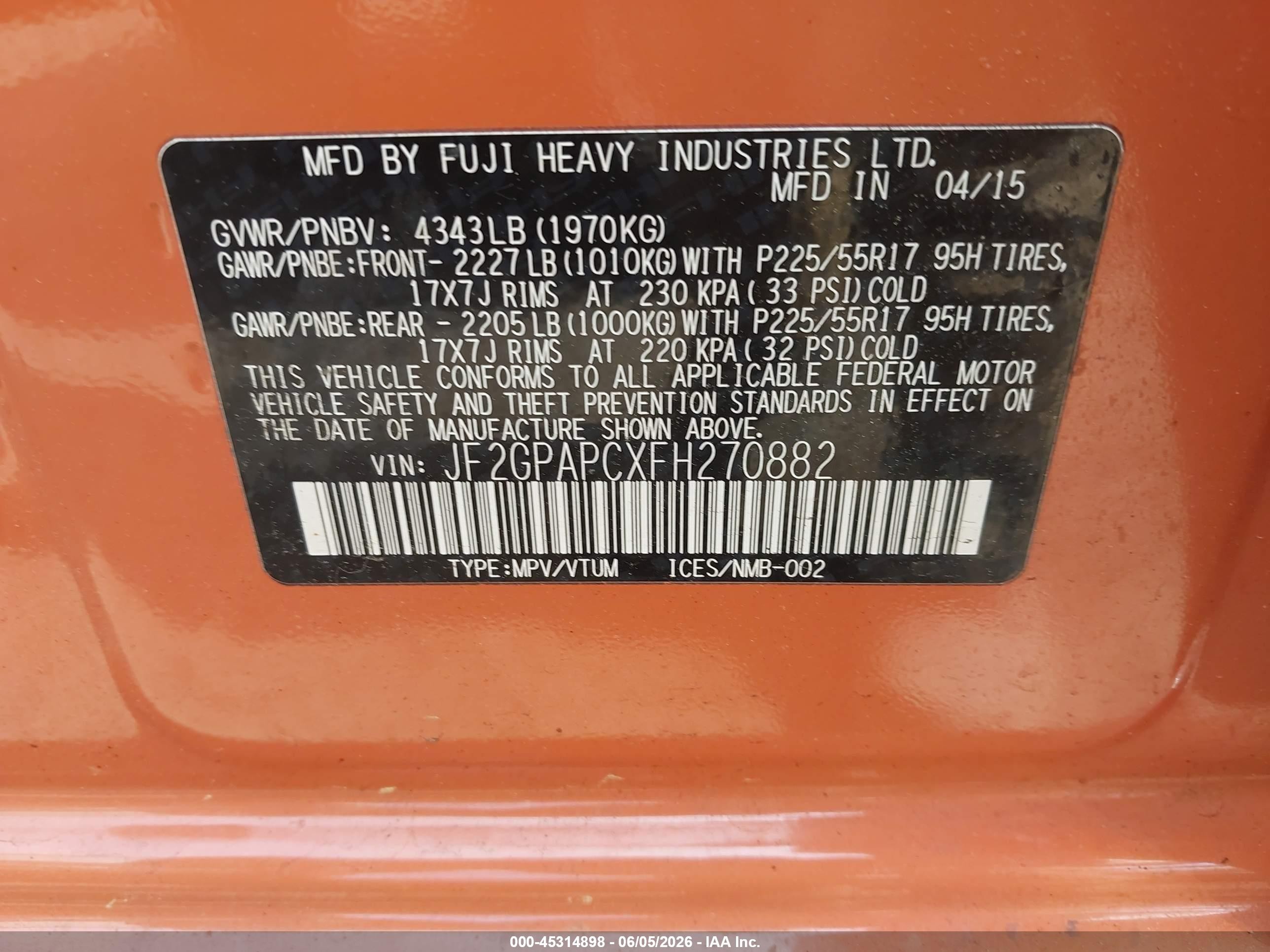 2015 Subaru Xv Crosstrek 2.0i Limited Orange vin: JF2GPAPCXFH270882
