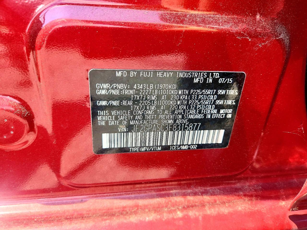 2015 Subaru Xv Crosstrek Sport Limited Burgundy vin: JF2GPASC3F8315877