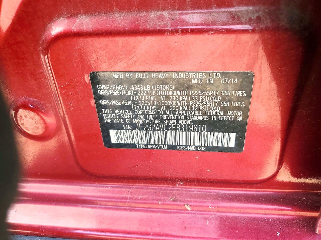 2014 Subaru Xv Crosstrek 2.0 Premium Red vin: JF2GPAVC2E8319610
