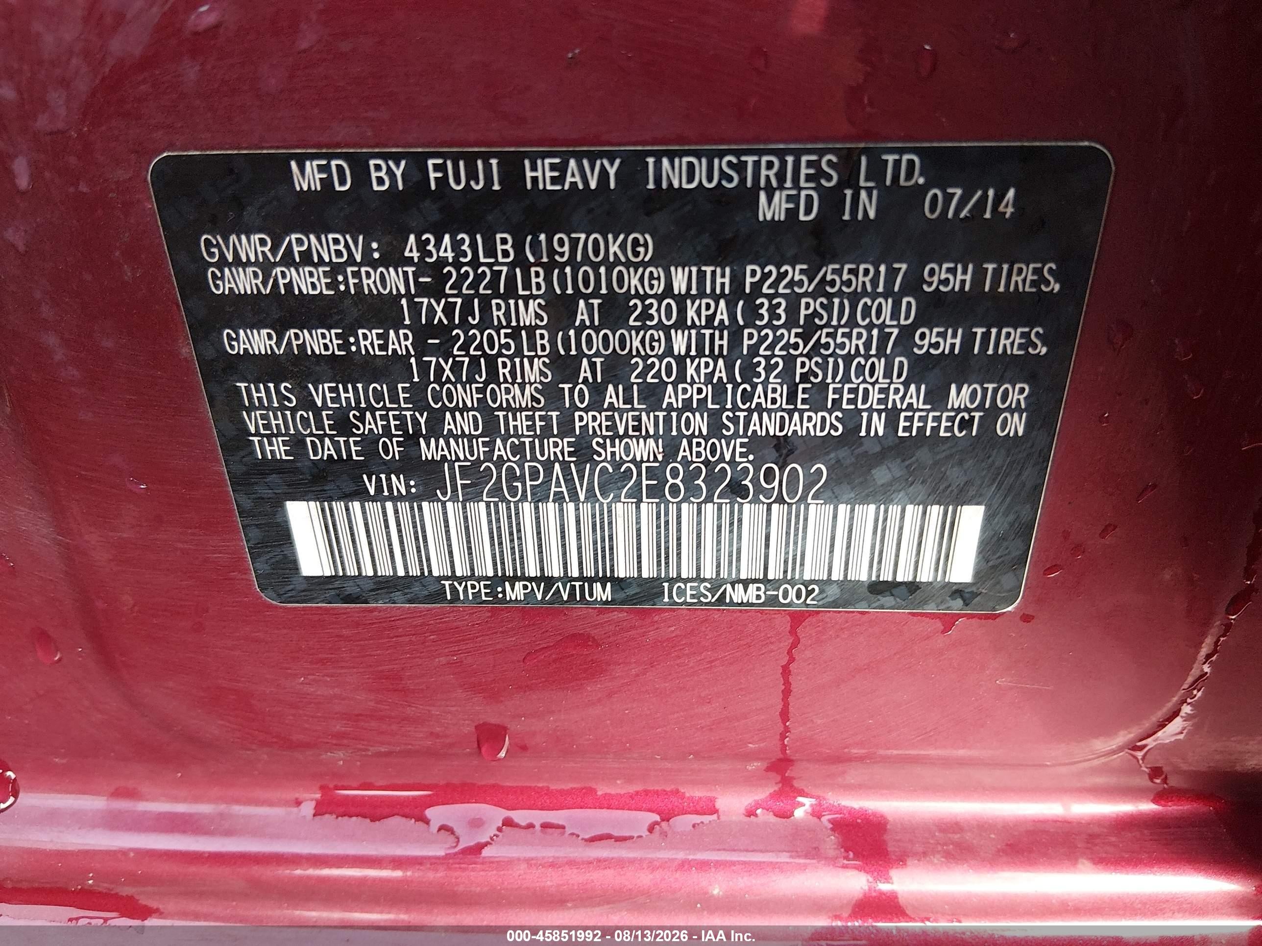 2014 Subaru Xv Crosstrek 2.0i Premium Red vin: JF2GPAVC2E8323902