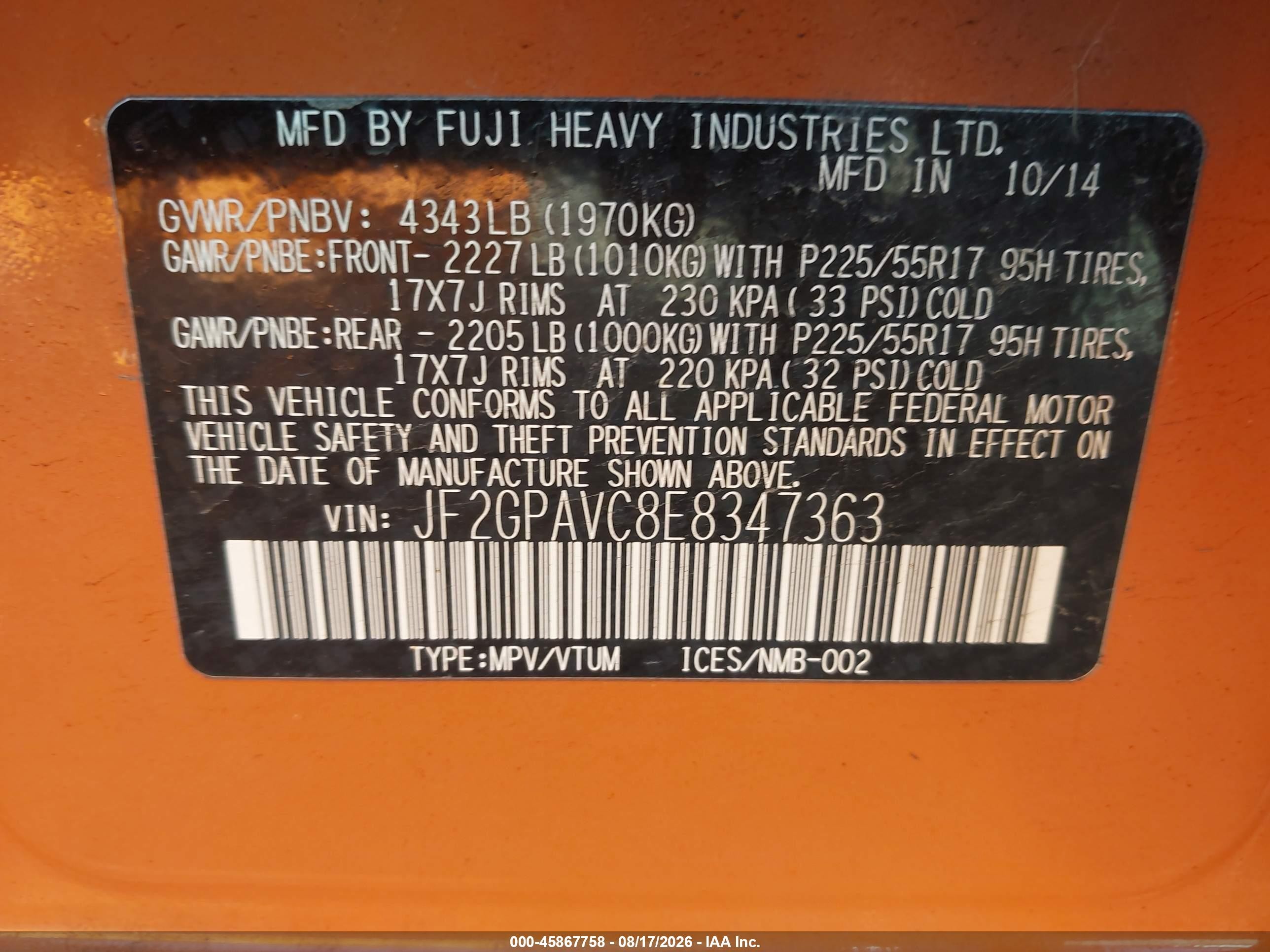 2014 Subaru Xv Crosstrek 2.0i Premium Orange vin: JF2GPAVC8E8347363