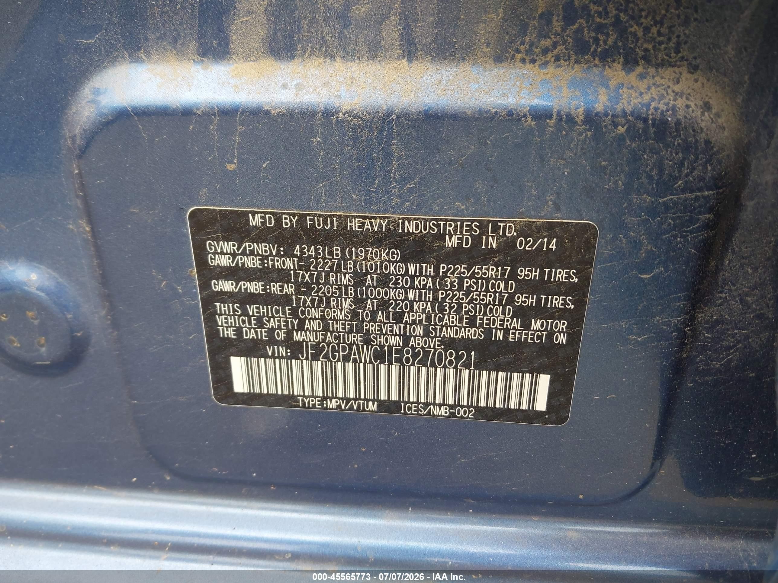 2014 Subaru Xv Crosstrek 2.0i Premium Blue vin: JF2GPAWC1E8270821