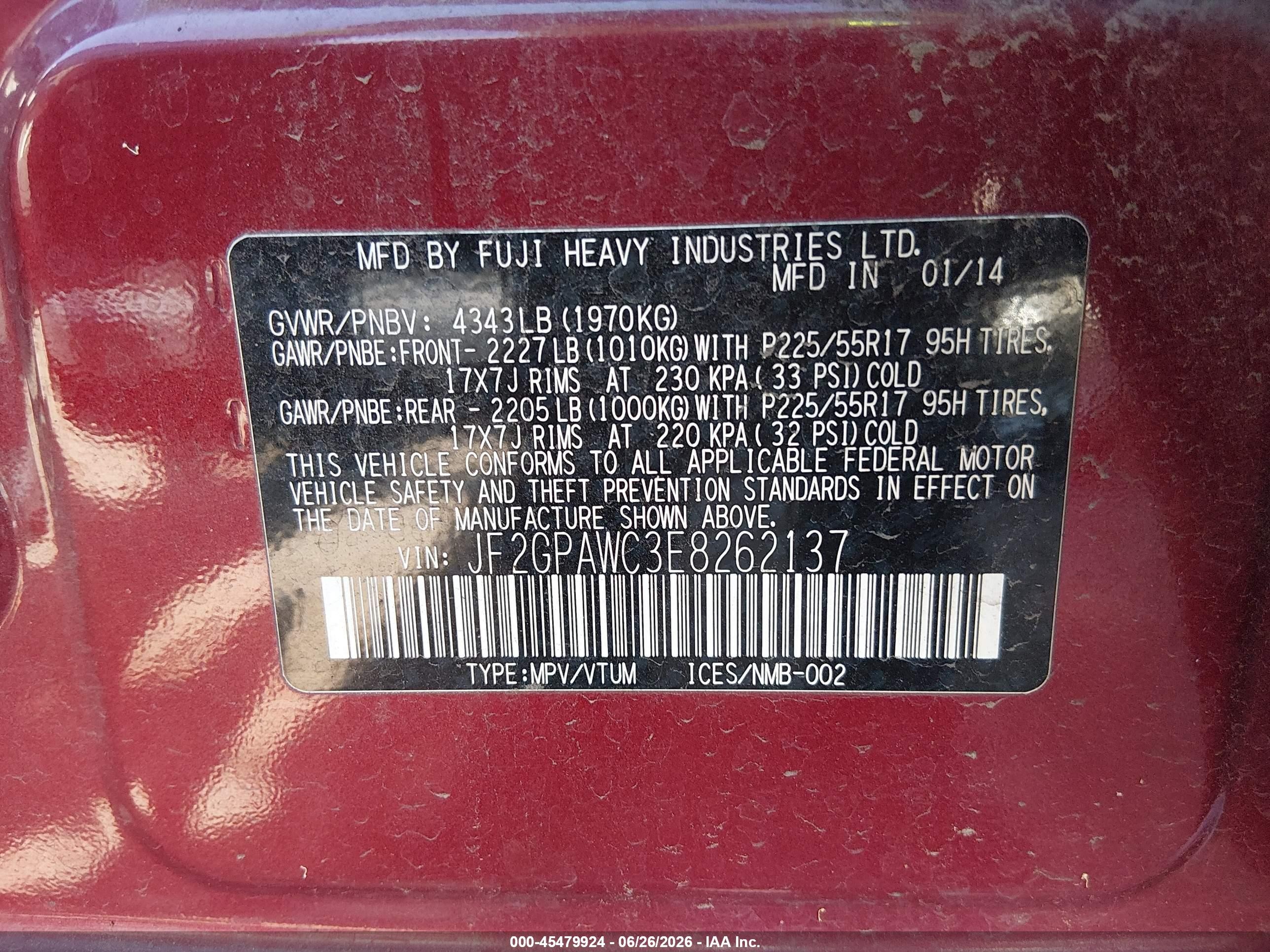 2014 Subaru Xv Crosstrek 2.0i Premium Red vin: JF2GPAWC3E8262137