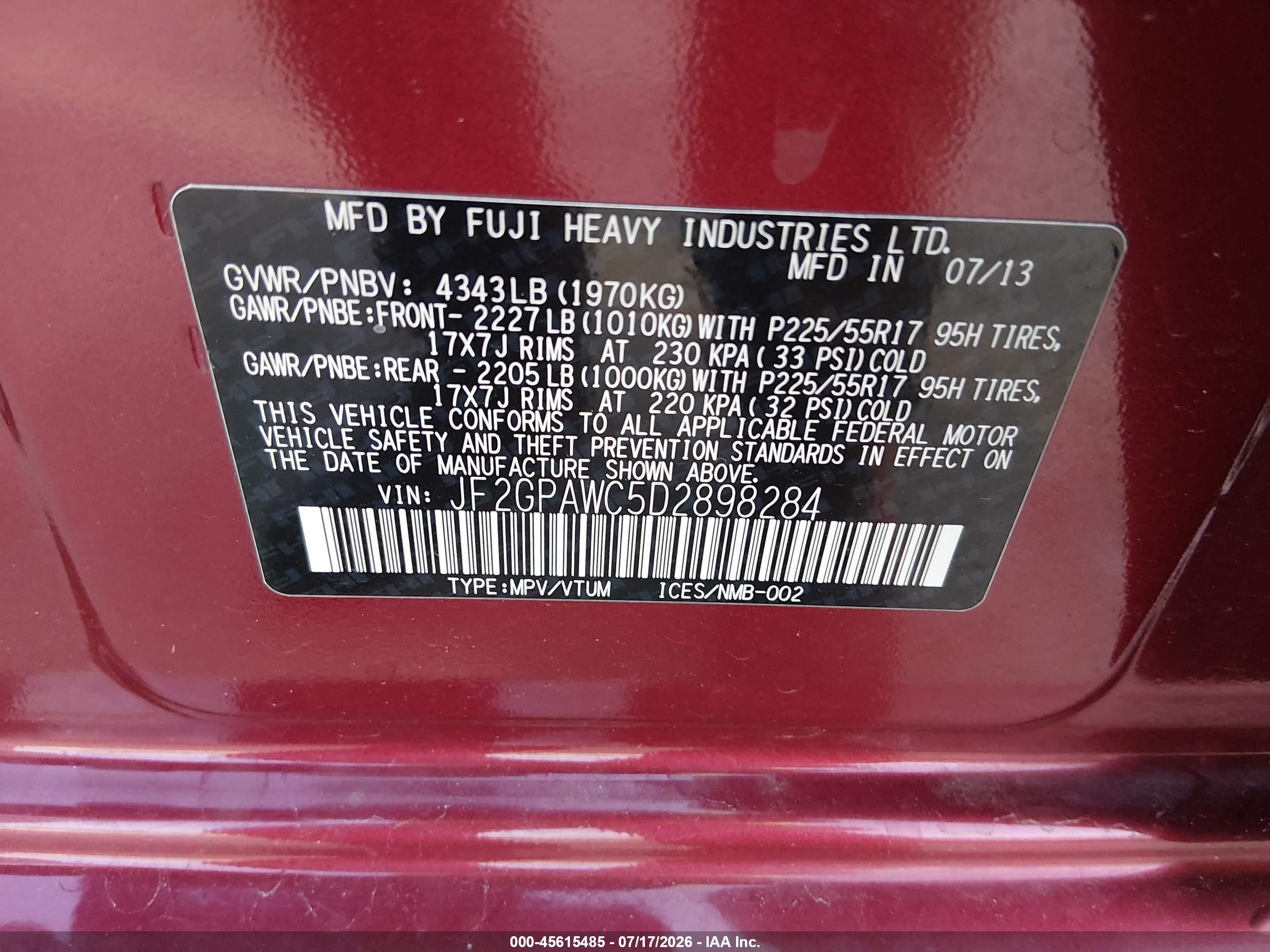 2013 Subaru Xv Crosstrek 2.0i Premium Red vin: JF2GPAWC5D2898284