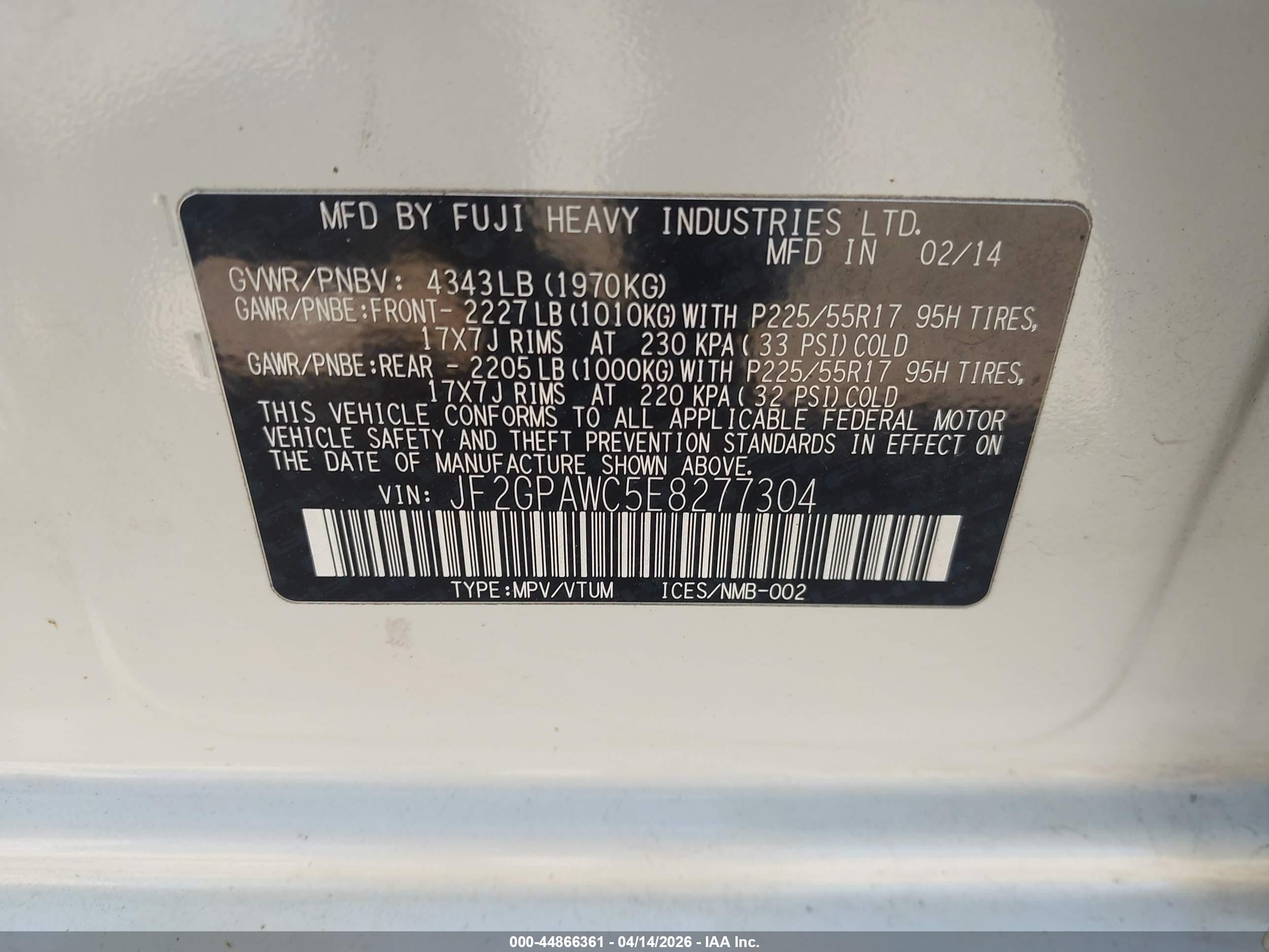 2014 Subaru Xv Crosstrek 2.0i Premium White vin: JF2GPAWC5E8277304