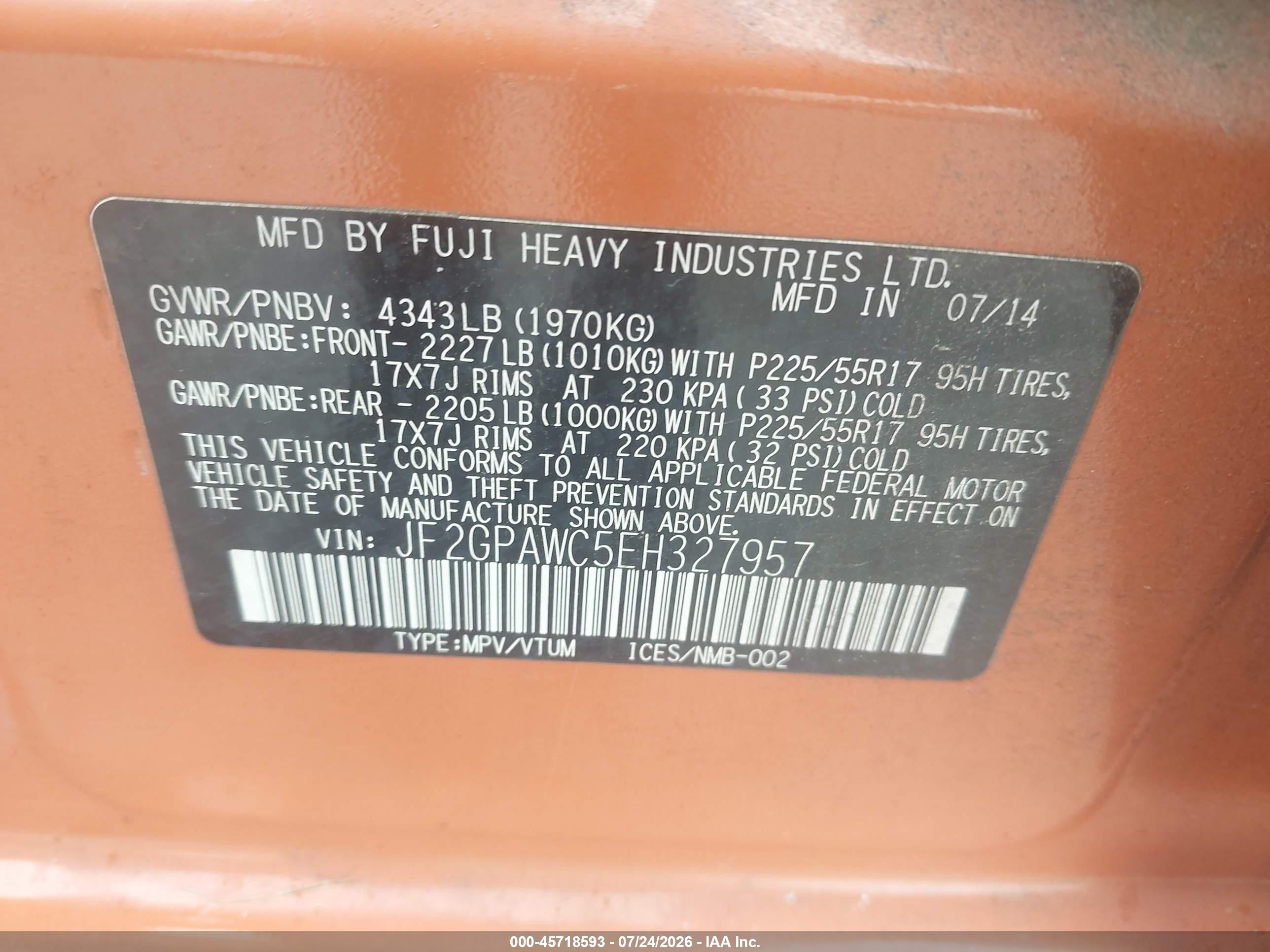 2014 Subaru Xv Crosstrek 2.0i Premium Orange vin: JF2GPAWC5EH327957