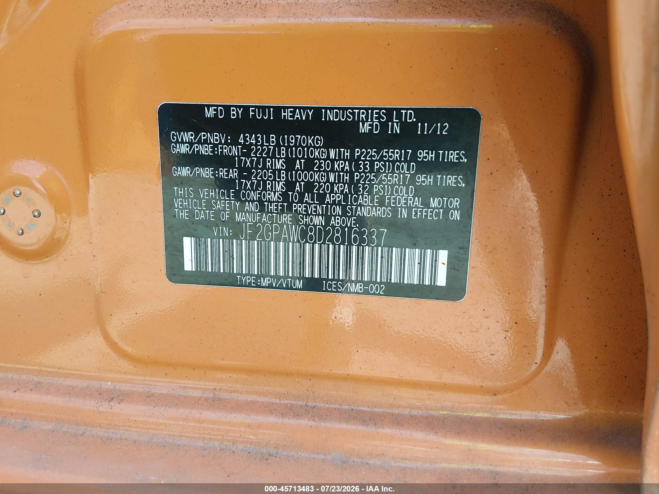2013 Subaru Xv Crosstrek 2.0i Premium Orange vin: JF2GPAWC8D2816337
