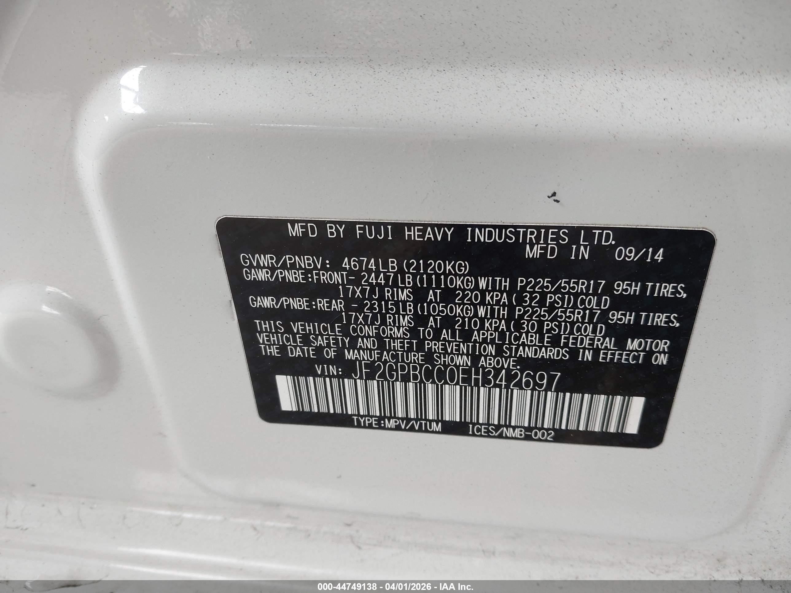 2014 Subaru Xv Crosstrek Hybrid 2.0i White vin: JF2GPBCC0EH342697