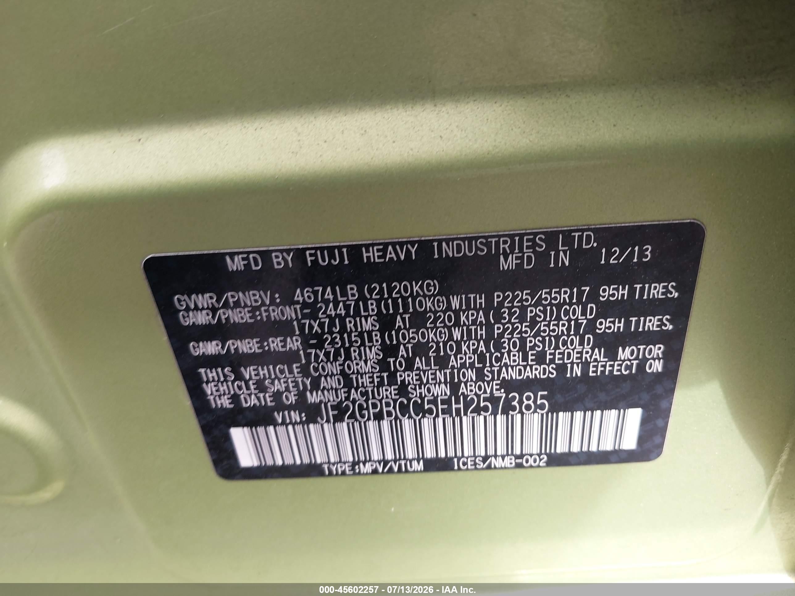 2014 Subaru Xv Crosstrek Hybrid 2.0i Green vin: JF2GPBCC5EH257385