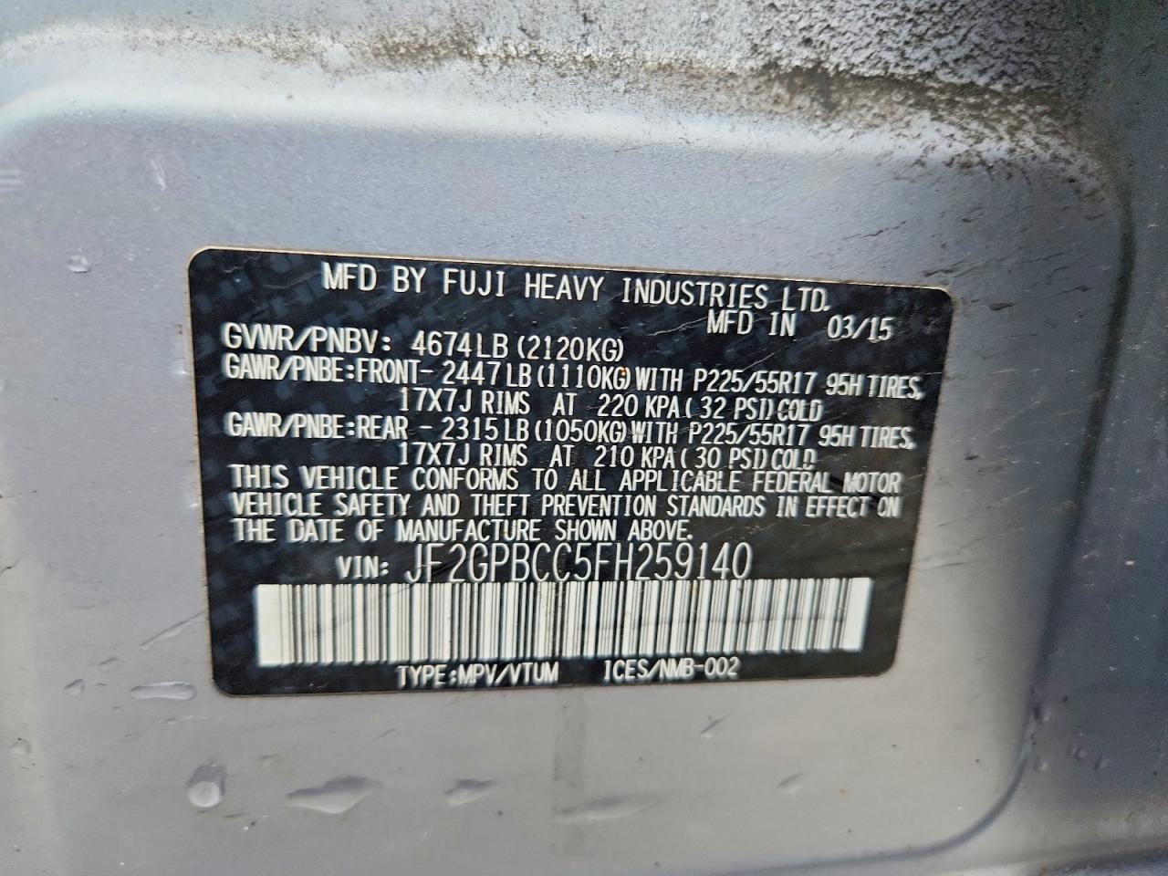 2015 Subaru Xv Crosstrek 2.0i Hybrid Silver vin: JF2GPBCC5FH259140