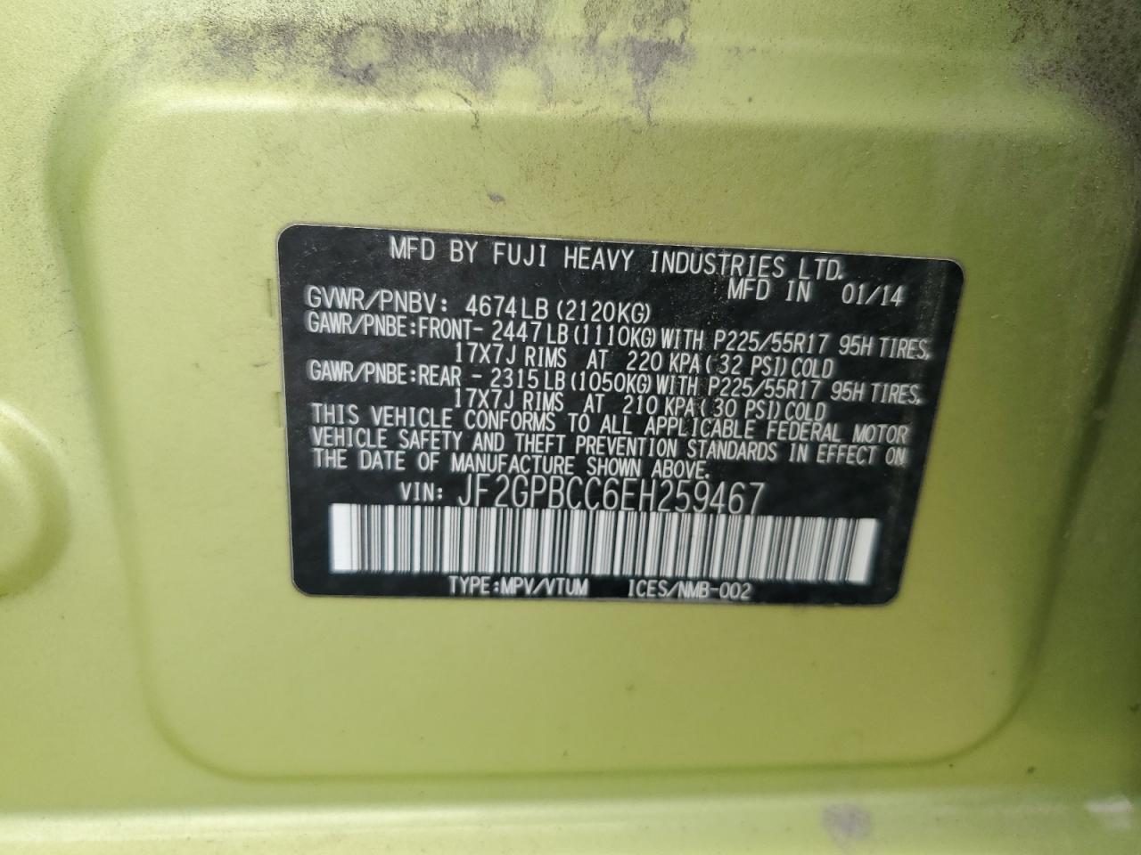 2014 Subaru Xv Crosstrek 2.0i Hybrid Green vin: JF2GPBCC6EH259467