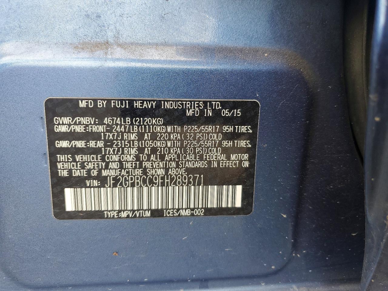 2015 Subaru Xv Crosstrek 2.0i Hybrid Blue vin: JF2GPBCC9FH289371