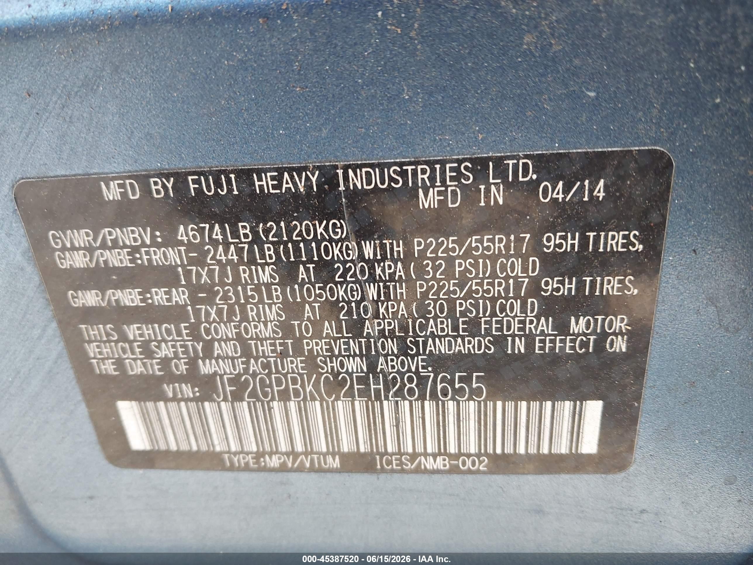 2014 Subaru Xv Crosstrek Hybrid 2.0i Touring Blue vin: JF2GPBKC2EH287655