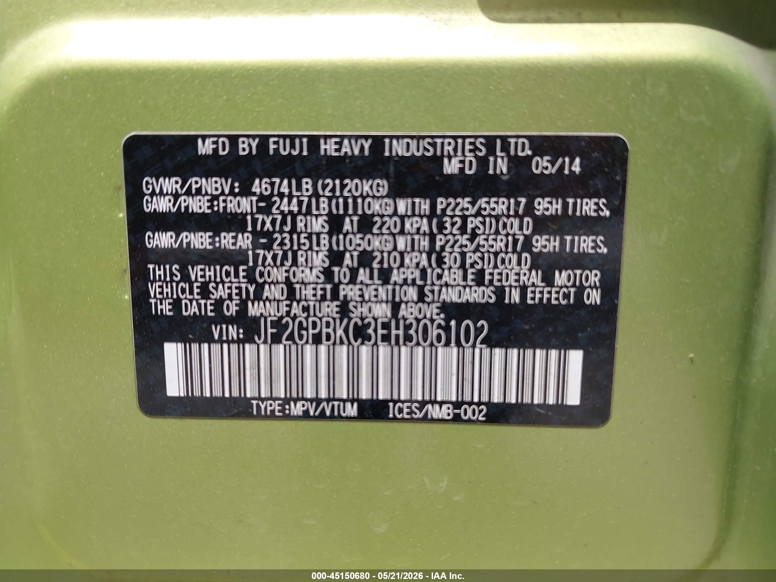2014 Subaru Xv Crosstrek Hybrid 2.0i Touring Green vin: JF2GPBKC3EH306102