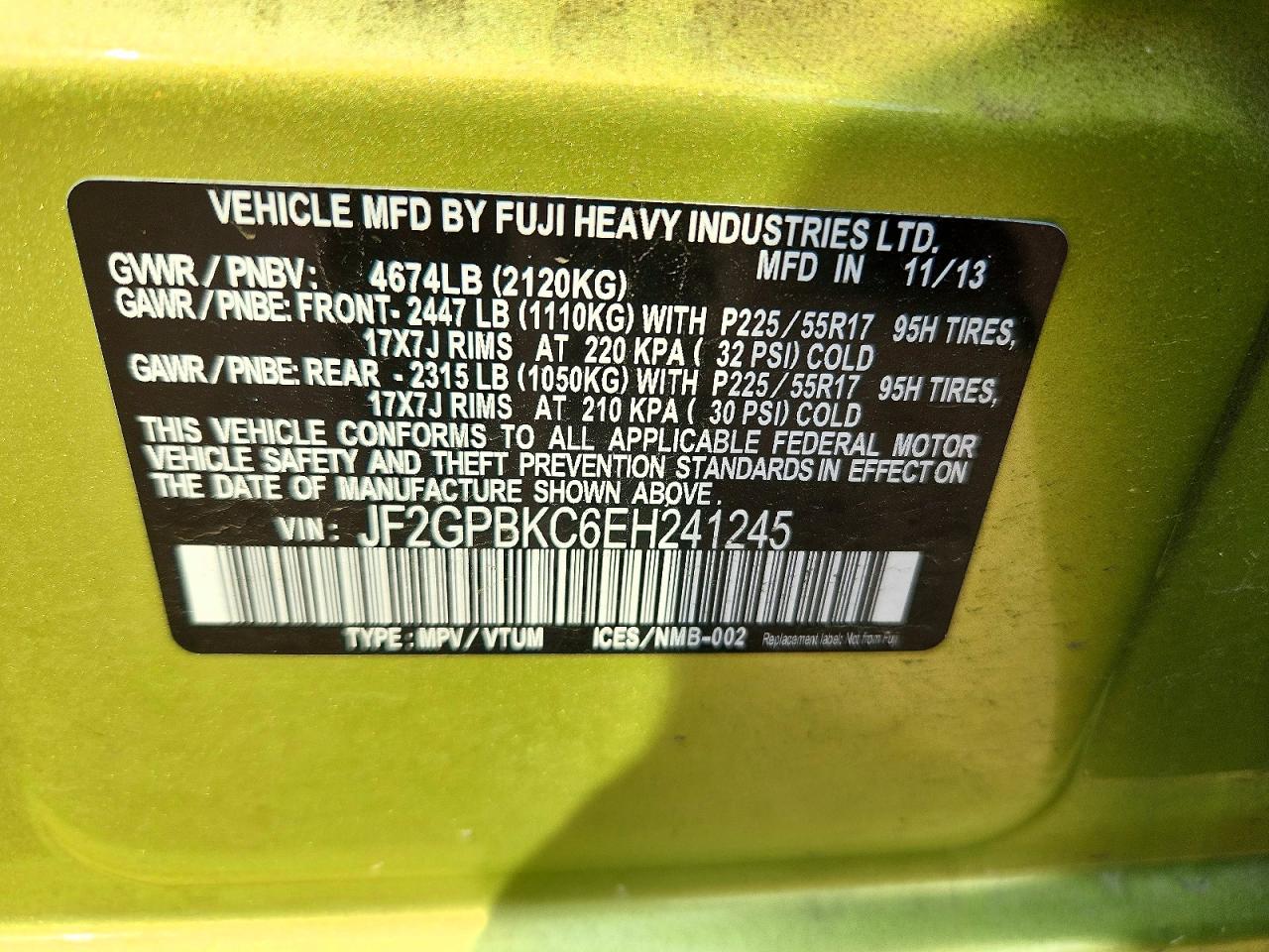 2014 Subaru Xv Crosstrek 2.0i Hybrid Touring Green vin: JF2GPBKC6EH241245