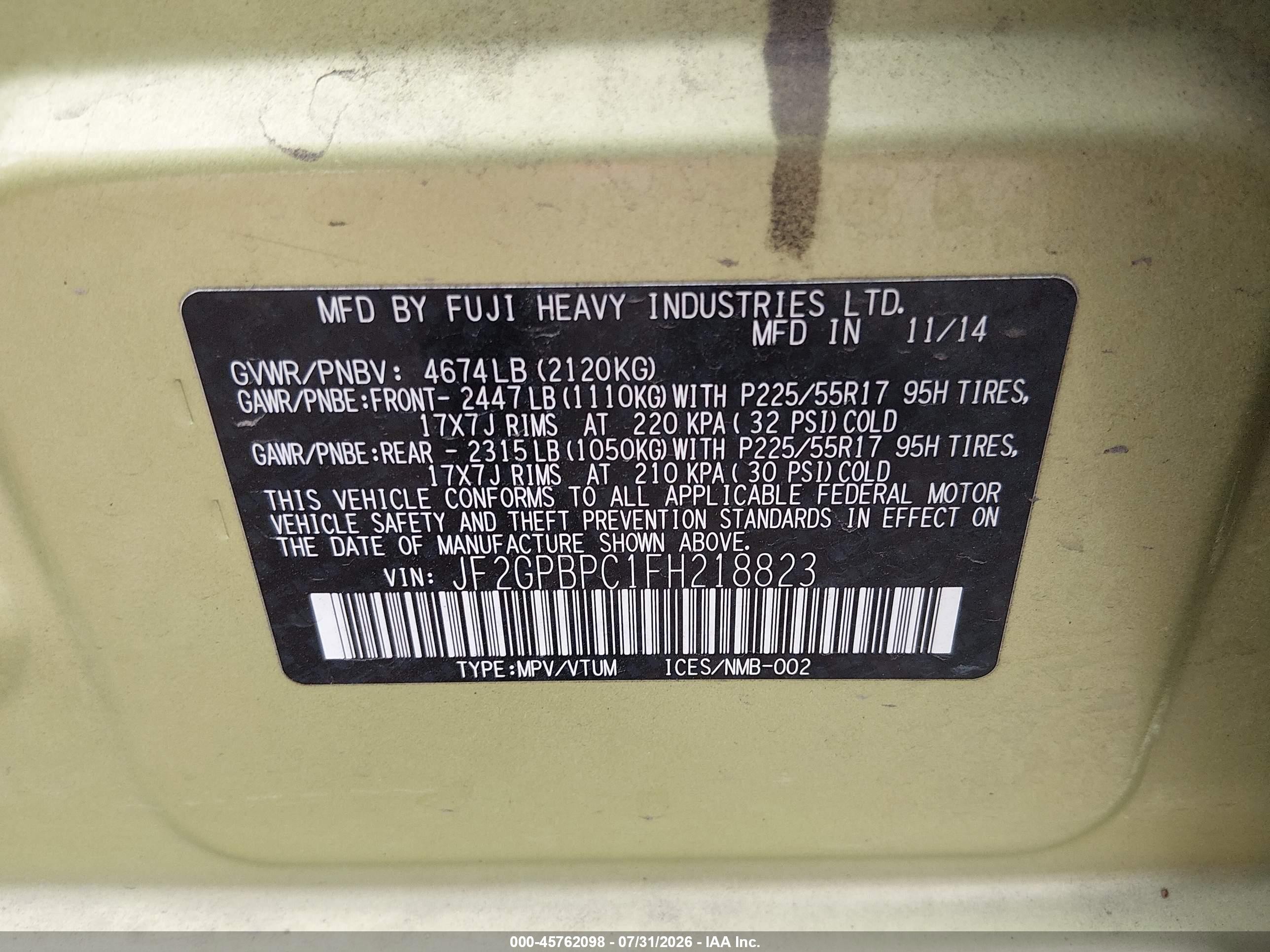 2015 Subaru Xv Crosstrek Hybrid Touring Зеленый vin: JF2GPBPC1FH218823