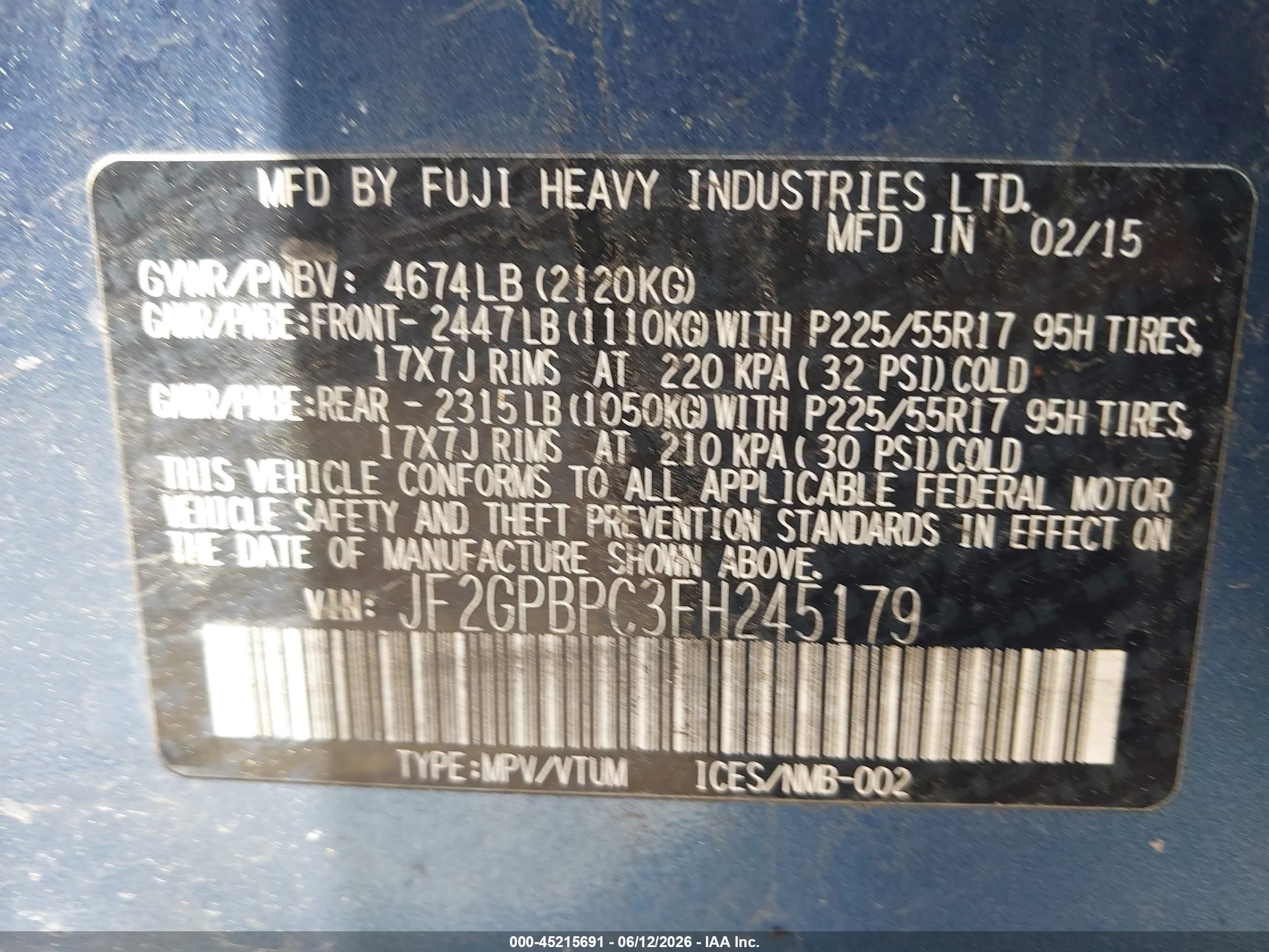 2015 Subaru Xv Crosstrek Hybrid Touring Blue vin: JF2GPBPC3FH245179