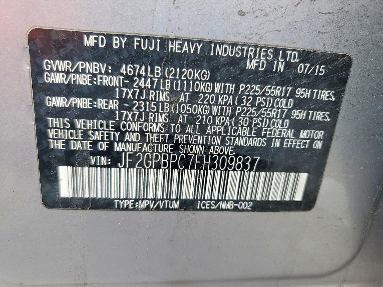 2015 Subaru Xv Crosstrek 2.0i Hybrid Touring Silver vin: JF2GPBPC7FH309837