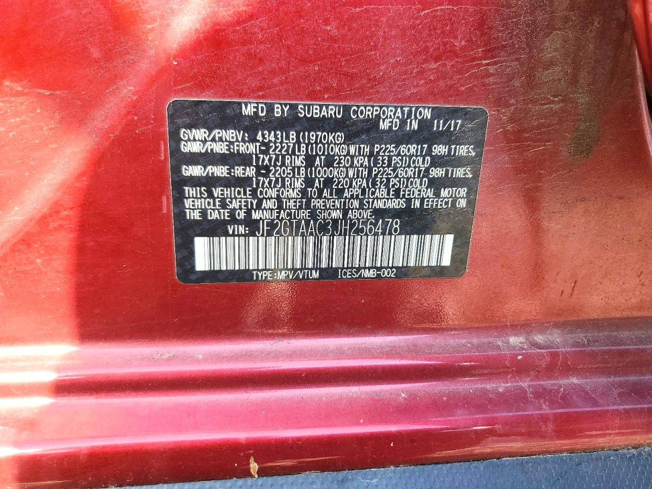 2018 Subaru Crosstrek Burgundy vin: JF2GTAAC3JH256478