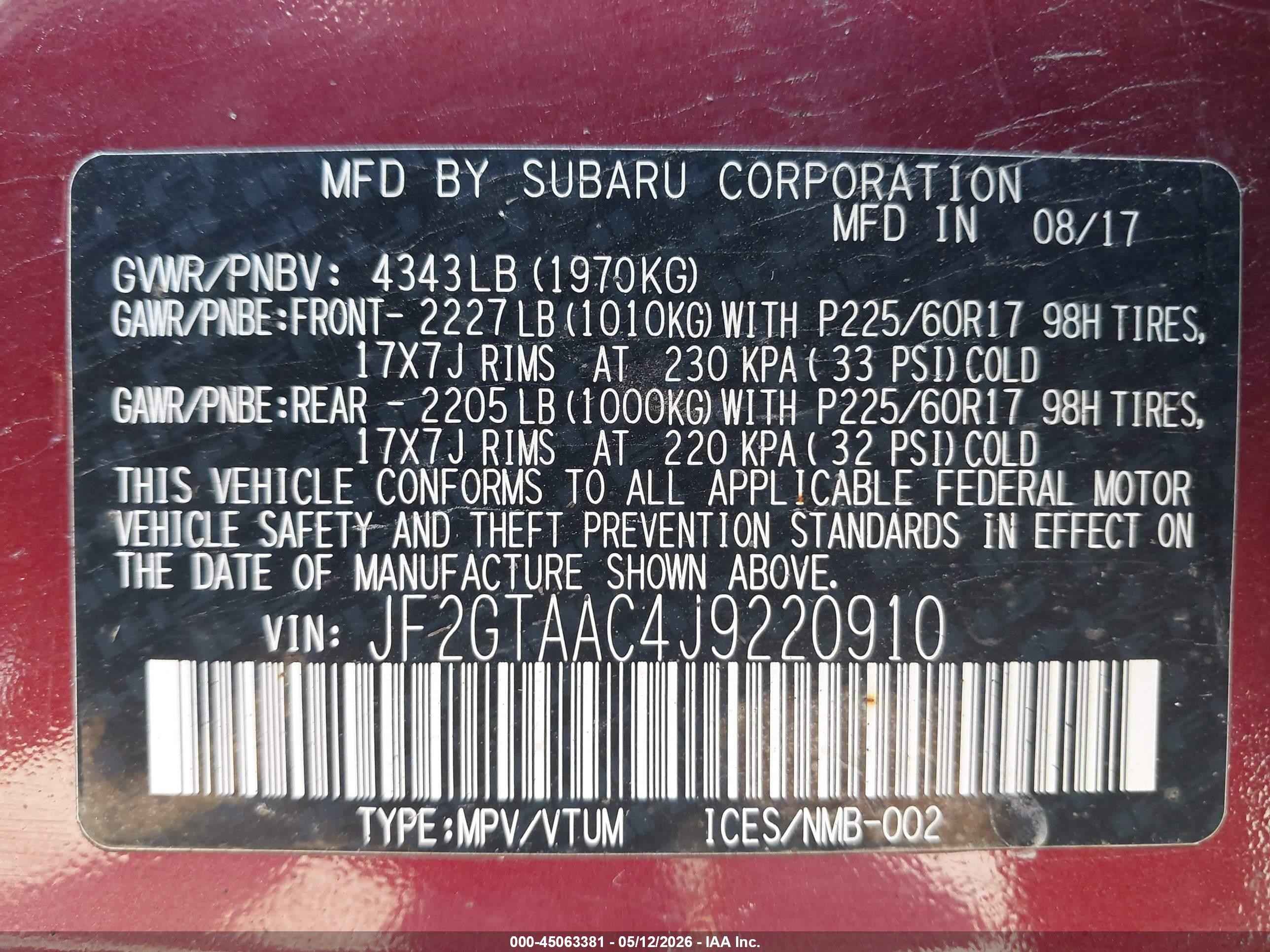 2018 Subaru Crosstrek 2.0i Red vin: JF2GTAAC4J9220910