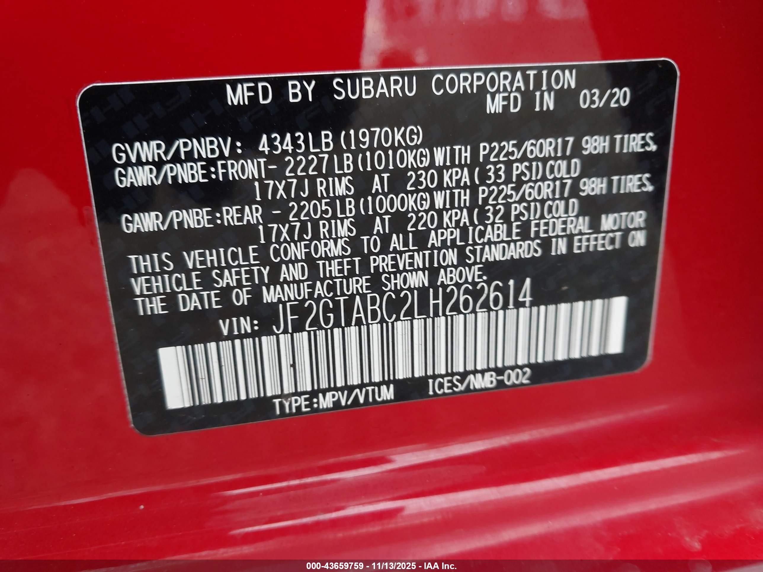 2020 Subaru Crosstrek   Red vin: JF2GTABC2LH262614
