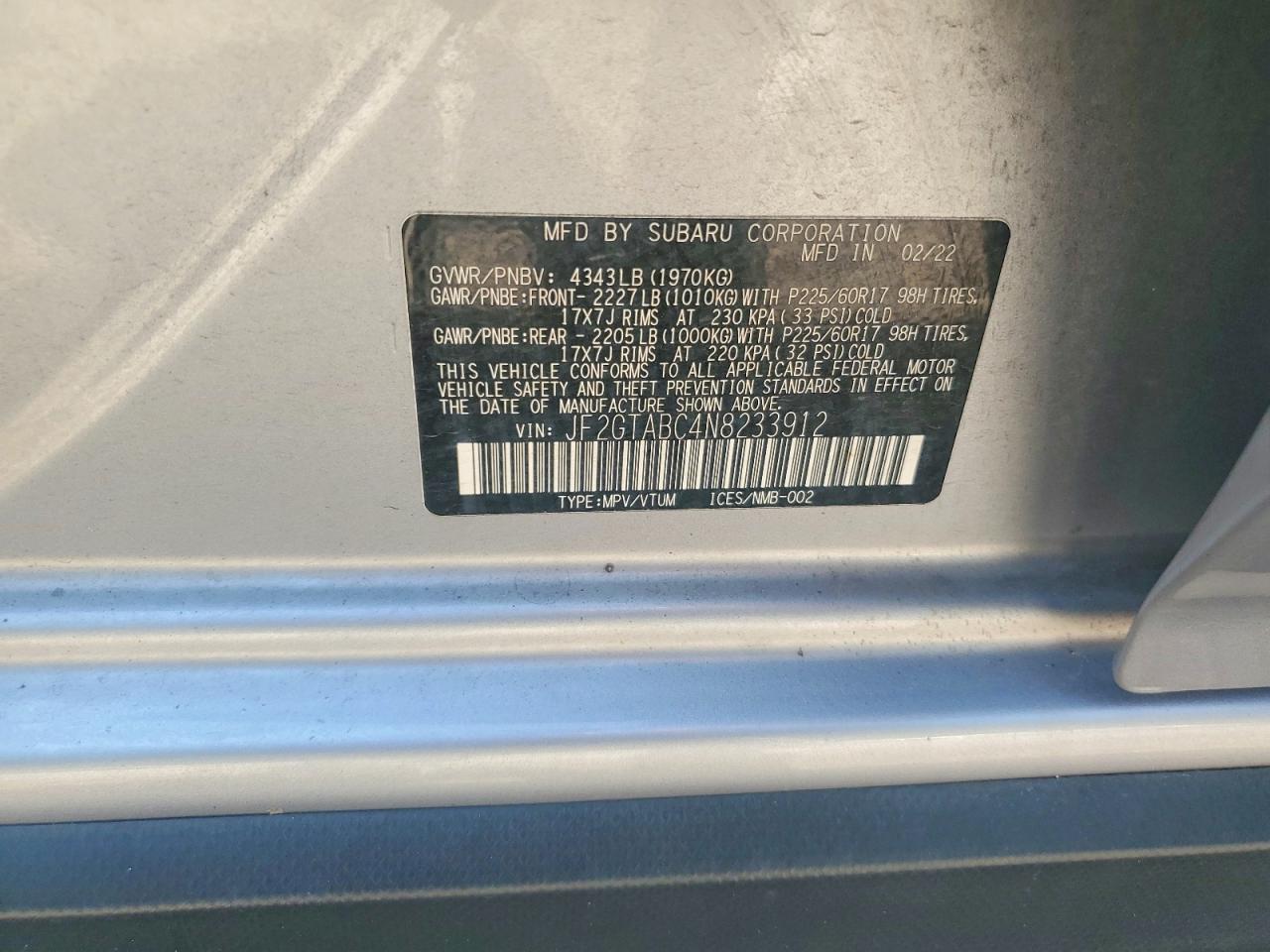 2022 Subaru Crosstrek Gray vin: JF2GTABC4N8233912