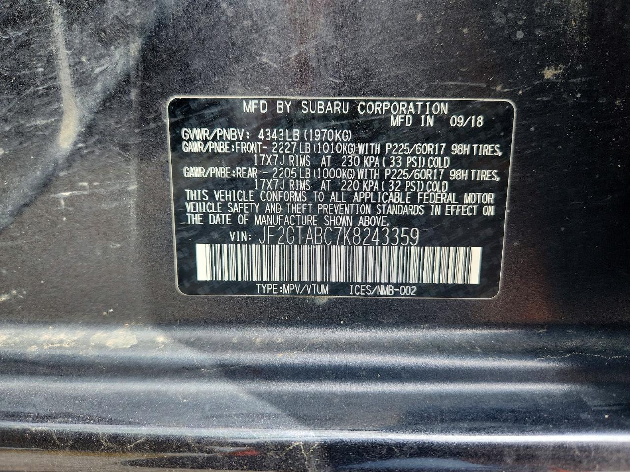 2019 Subaru Crosstrek Black vin: JF2GTABC7K8243359