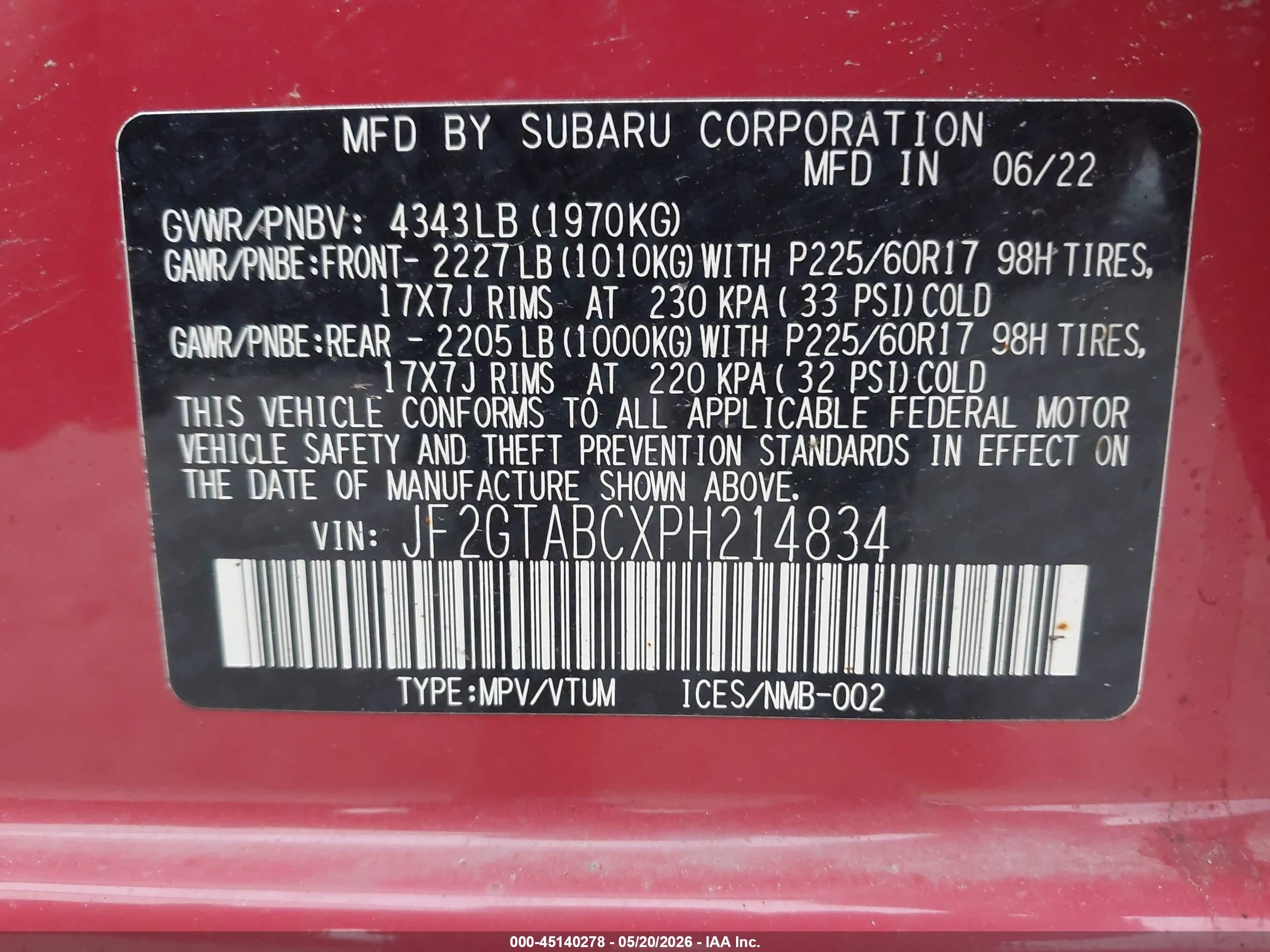 2023 Subaru Crosstrek Red vin: JF2GTABCXPH214834