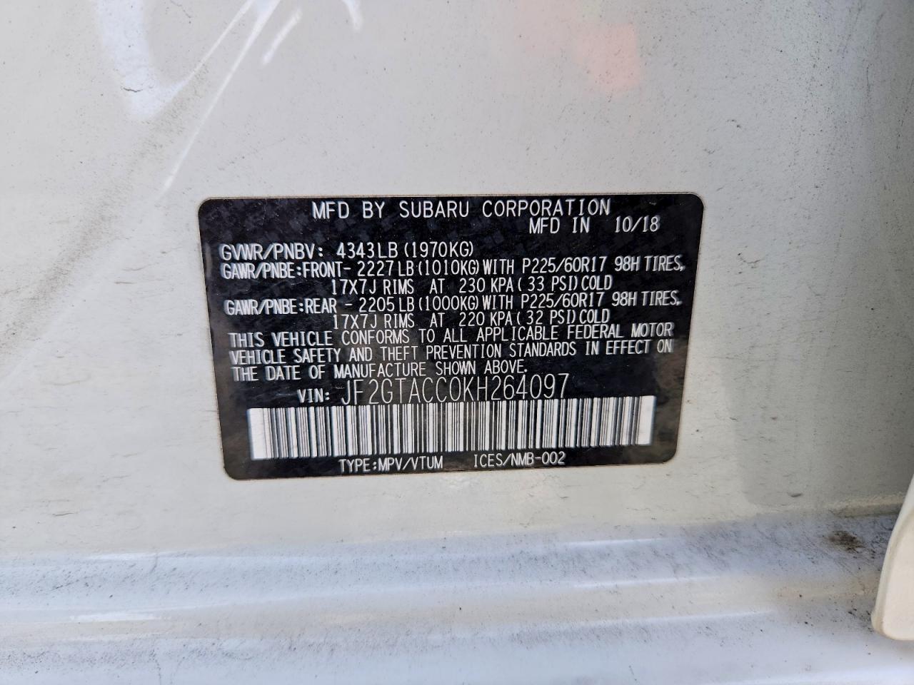 2019 Subaru Crosstrek Premium White vin: JF2GTACC0KH264097