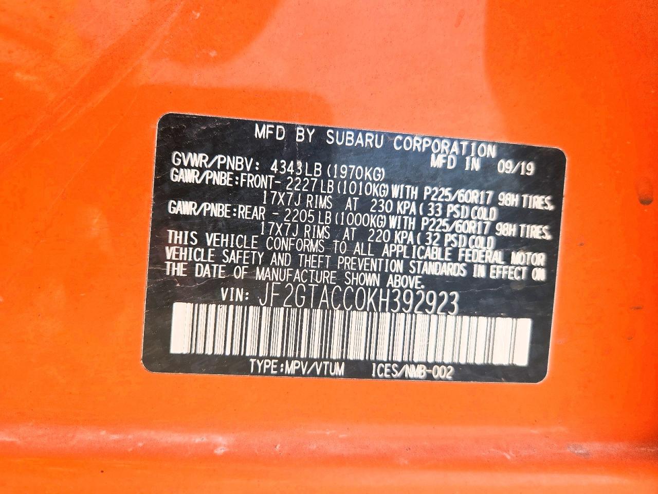 2019 Subaru Crosstrek Premium Orange vin: JF2GTACC0KH392923