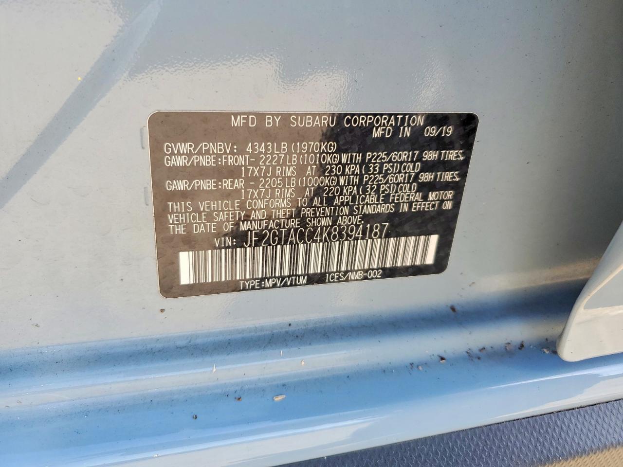 2019 Subaru Crosstrek Premium Blue vin: JF2GTACC4K8394187