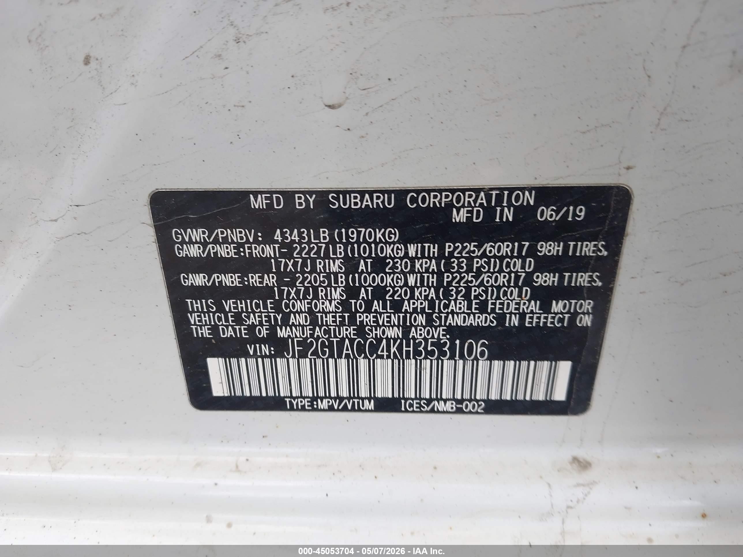 2019 Subaru Crosstrek 2.0i Premium White vin: JF2GTACC4KH353106