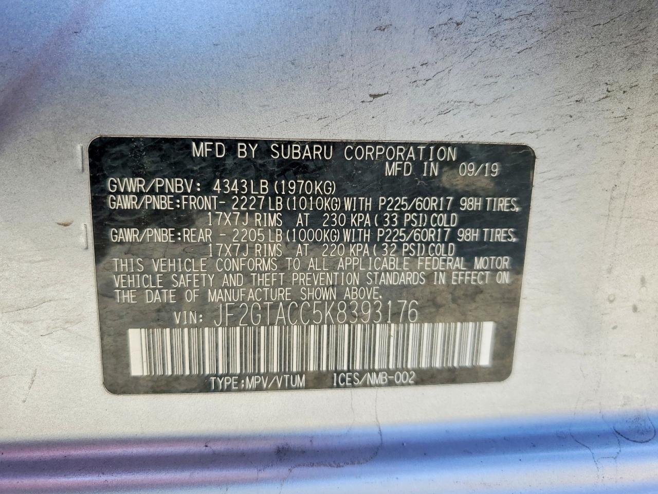2019 Subaru Crosstrek Premium Silver vin: JF2GTACC5K8393176