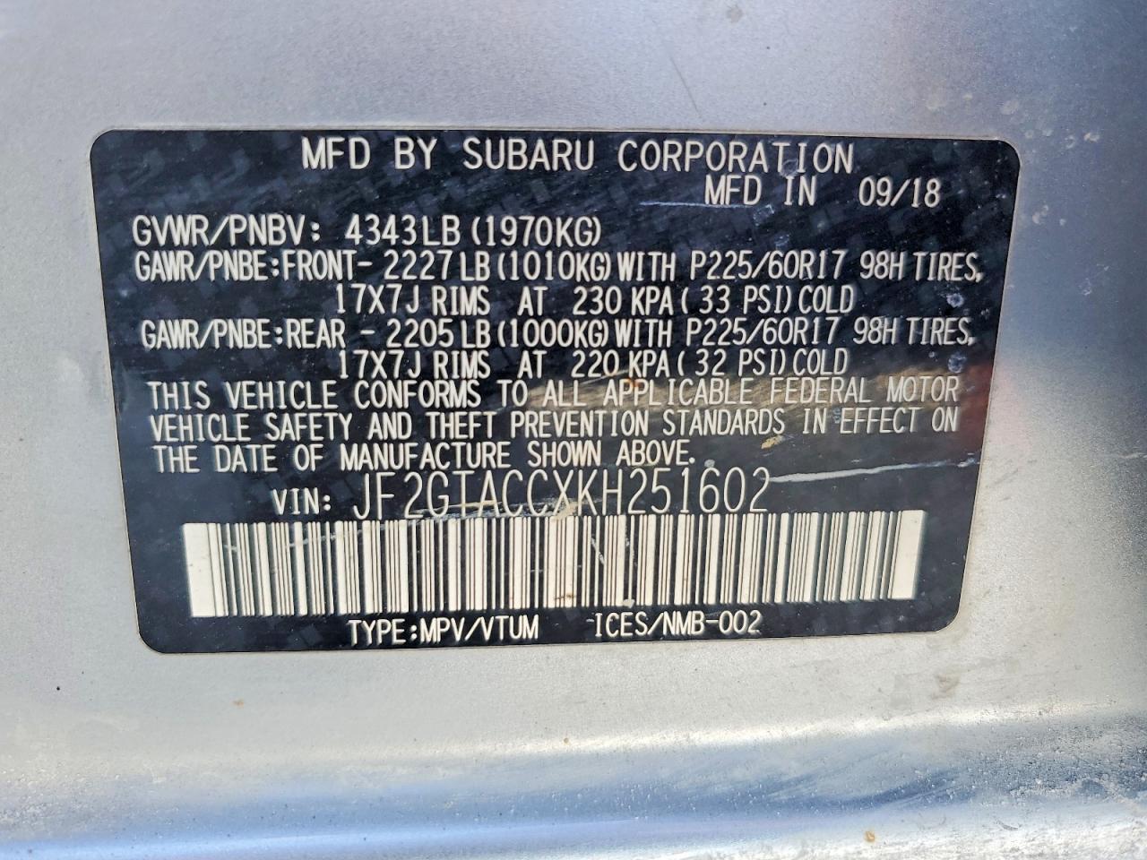 2019 Subaru Crosstrek Premium Silver vin: JF2GTACCXKH251602