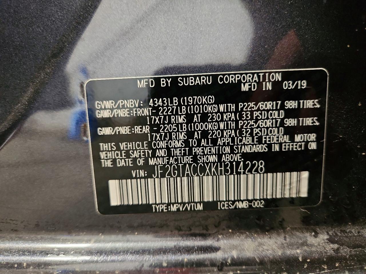 2019 Subaru Crosstrek Premium Gray vin: JF2GTACCXKH314228
