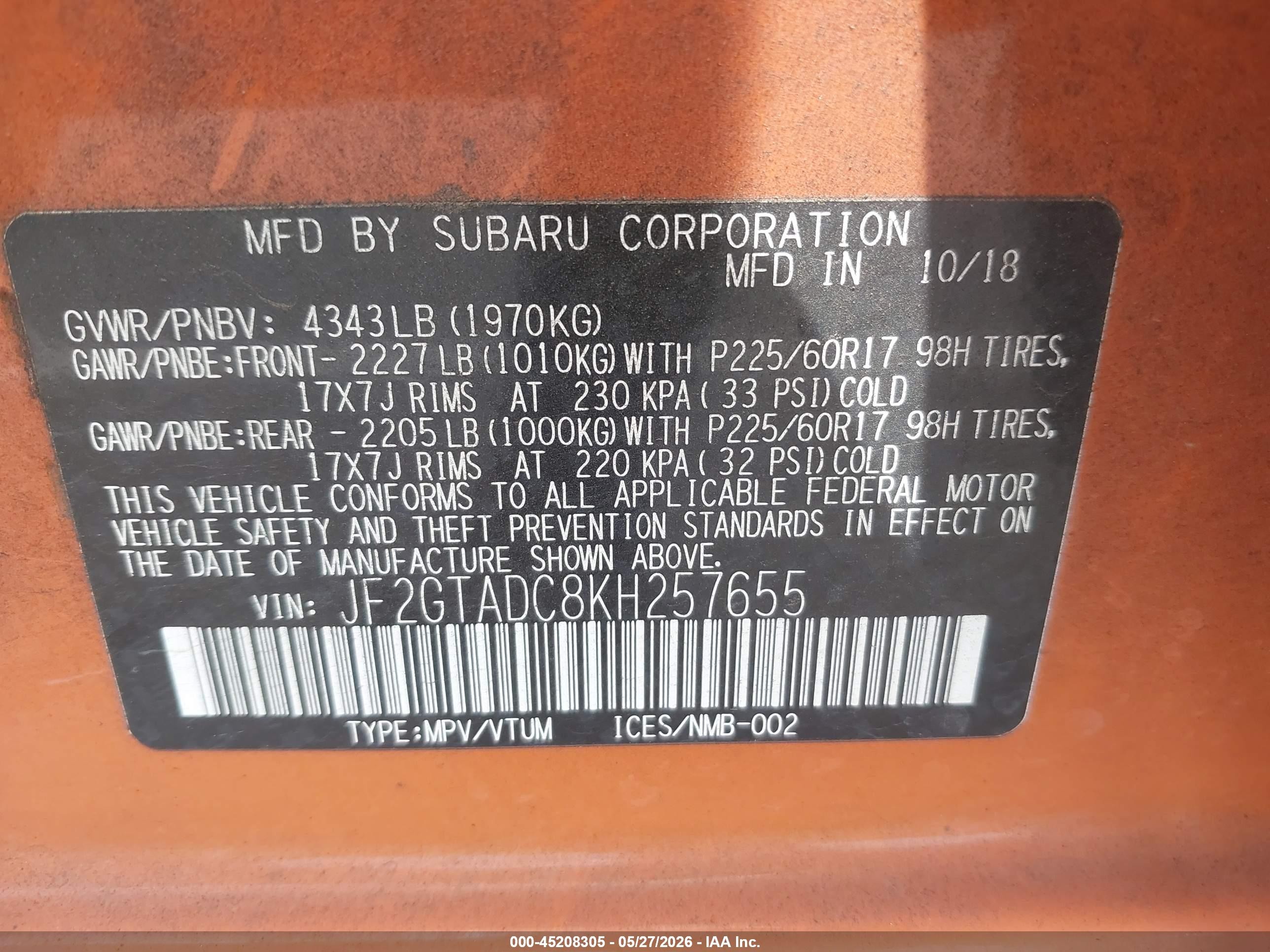 2019 Subaru Crosstrek 2.0i Premium Orange vin: JF2GTADC8KH257655